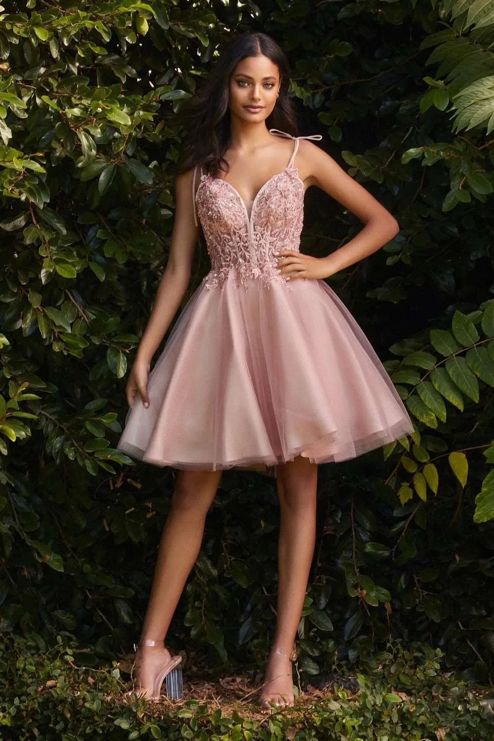 CD CD0188 - Short A-Line Homecoming Dress with Sheer Beaded Lace Embellished Bodice & Tie Straps