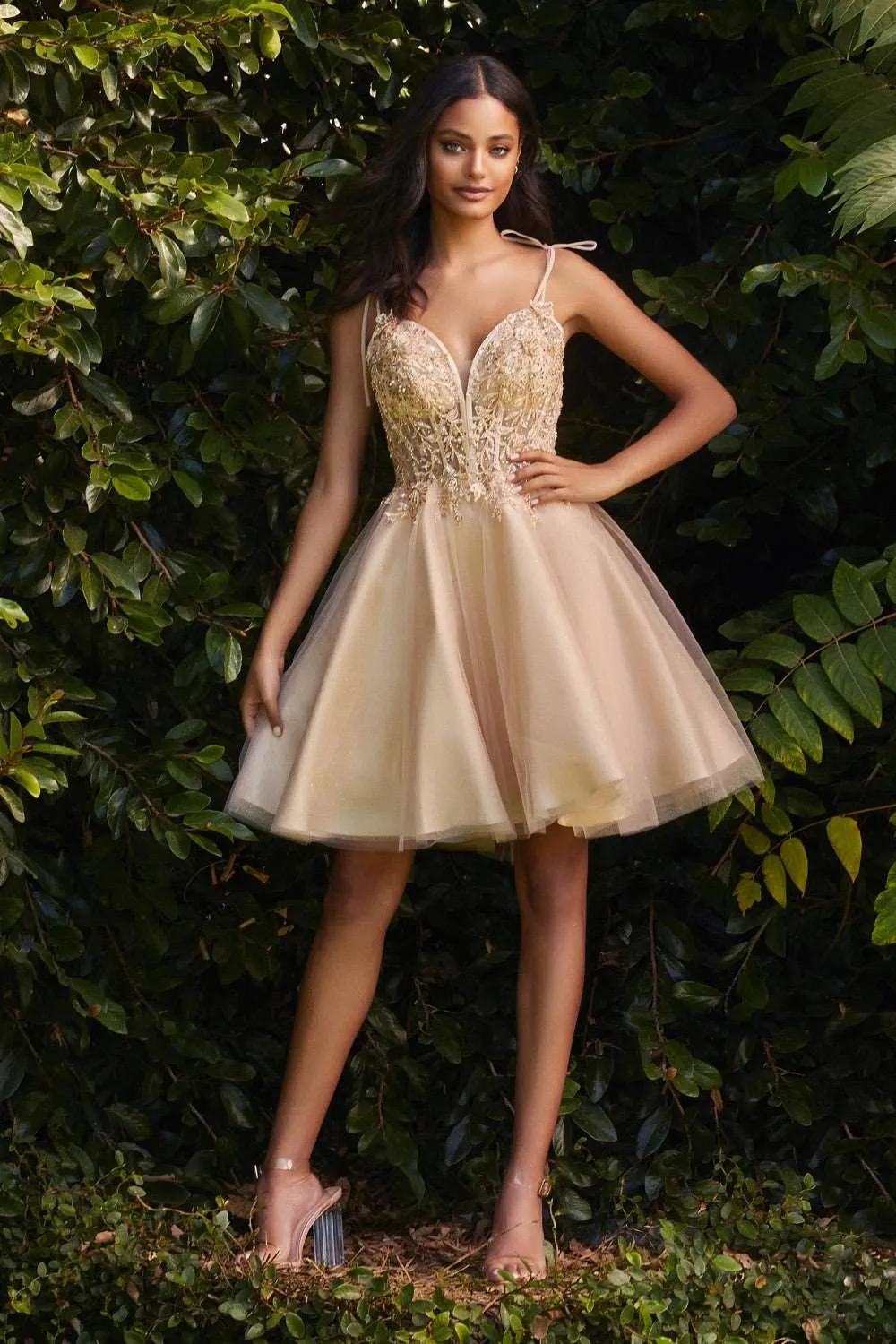 CD CD0188 - Short A-Line Homecoming Dress with Sheer Beaded Lace Embellished Bodice & Tie Straps