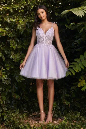 CD CD0188 - Short A-Line Homecoming Dress with Sheer Beaded Lace Embellished Bodice & Tie Straps