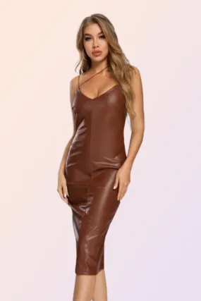 CHOCOLATE CITY VEGAN LEATHER MIDI DRESS