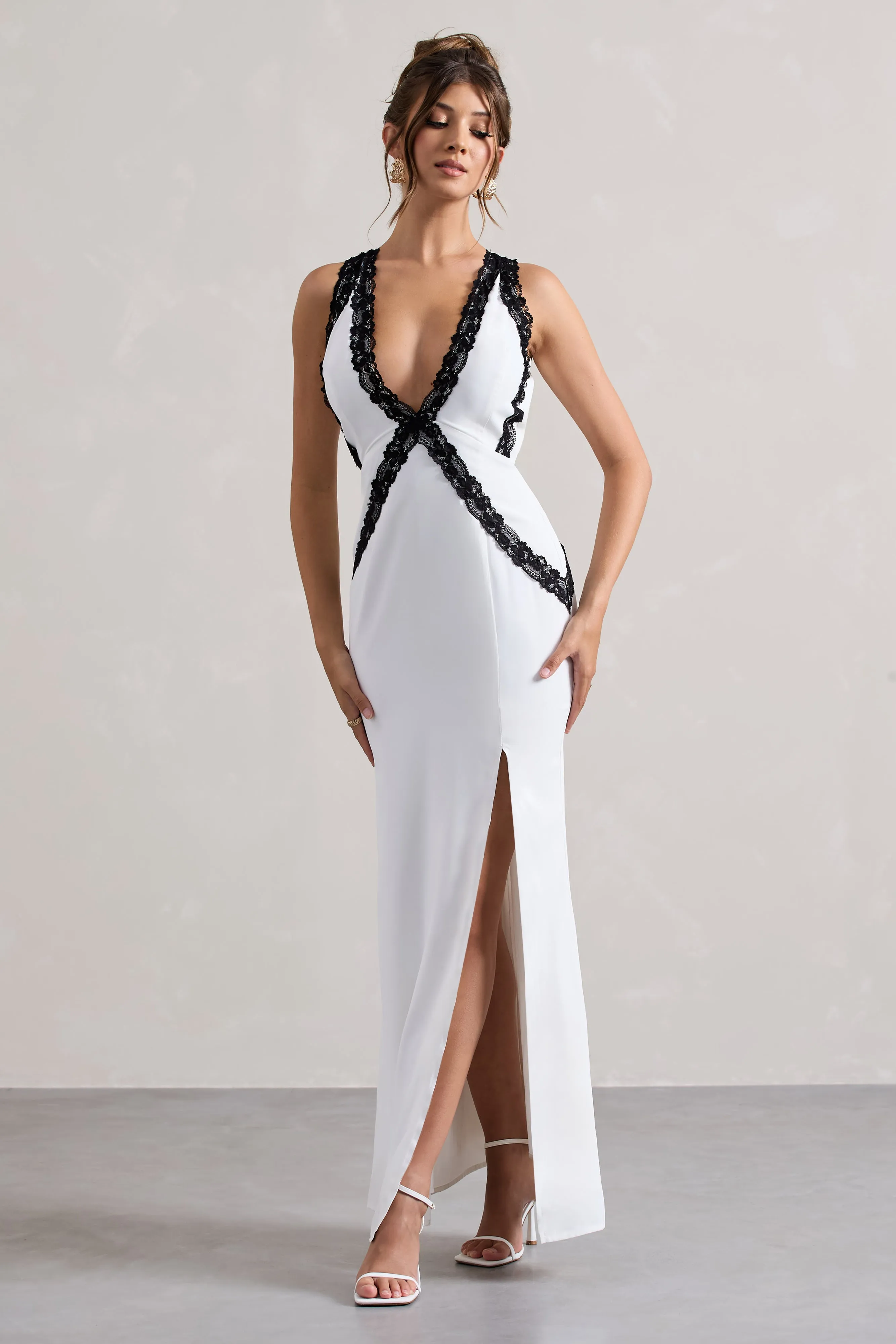 Cirilla | White Plunge-Neck Split Maxi Dress With Lace Detail