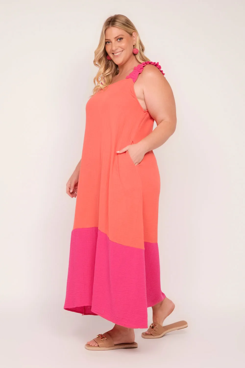 Claire Crinkle Cotton Maxi Dress in Sunset