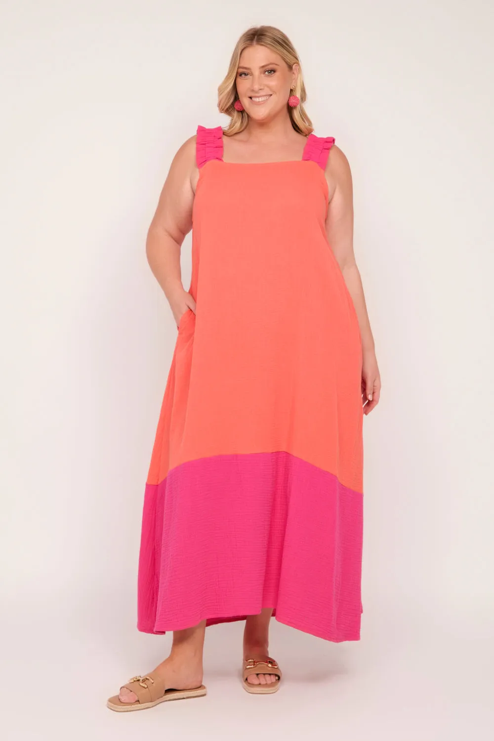 Claire Crinkle Cotton Maxi Dress in Sunset