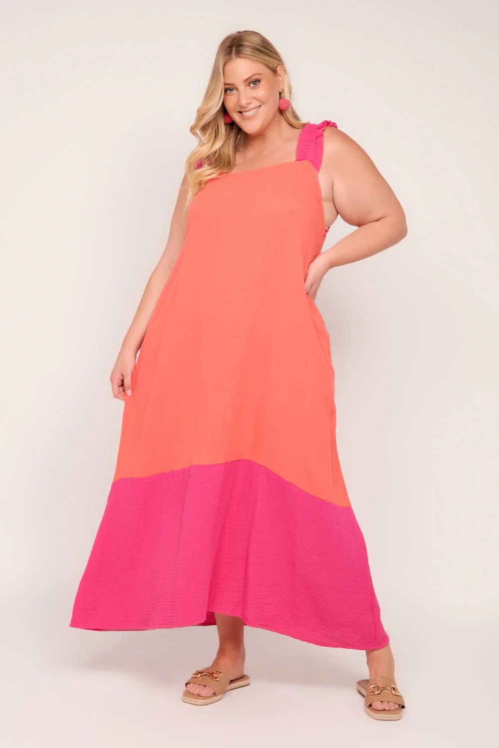 Claire Crinkle Cotton Maxi Dress in Sunset