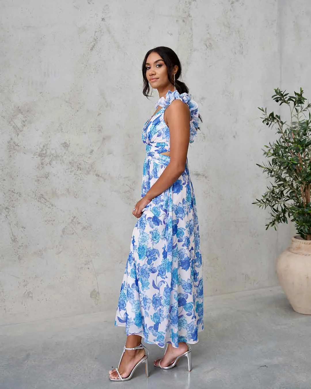 Cleo Chiffon Maxi Dress - Blue Floral