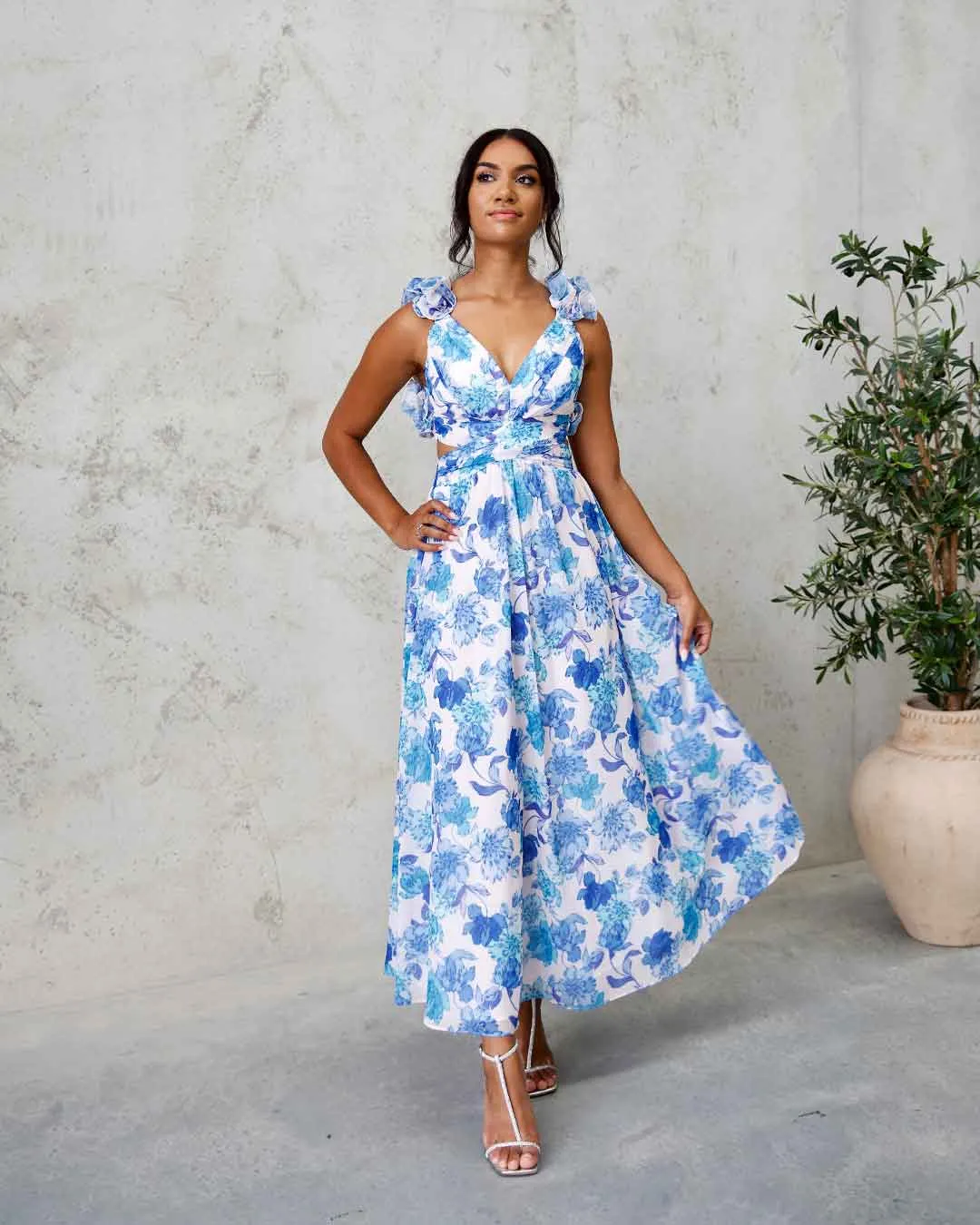 Cleo Chiffon Maxi Dress - Blue Floral