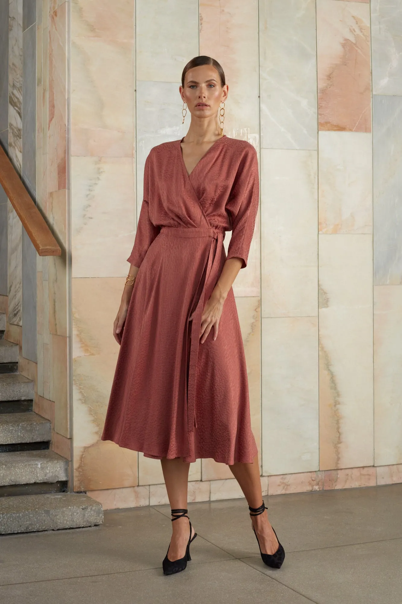 CLEO terracotta midi wrap dress