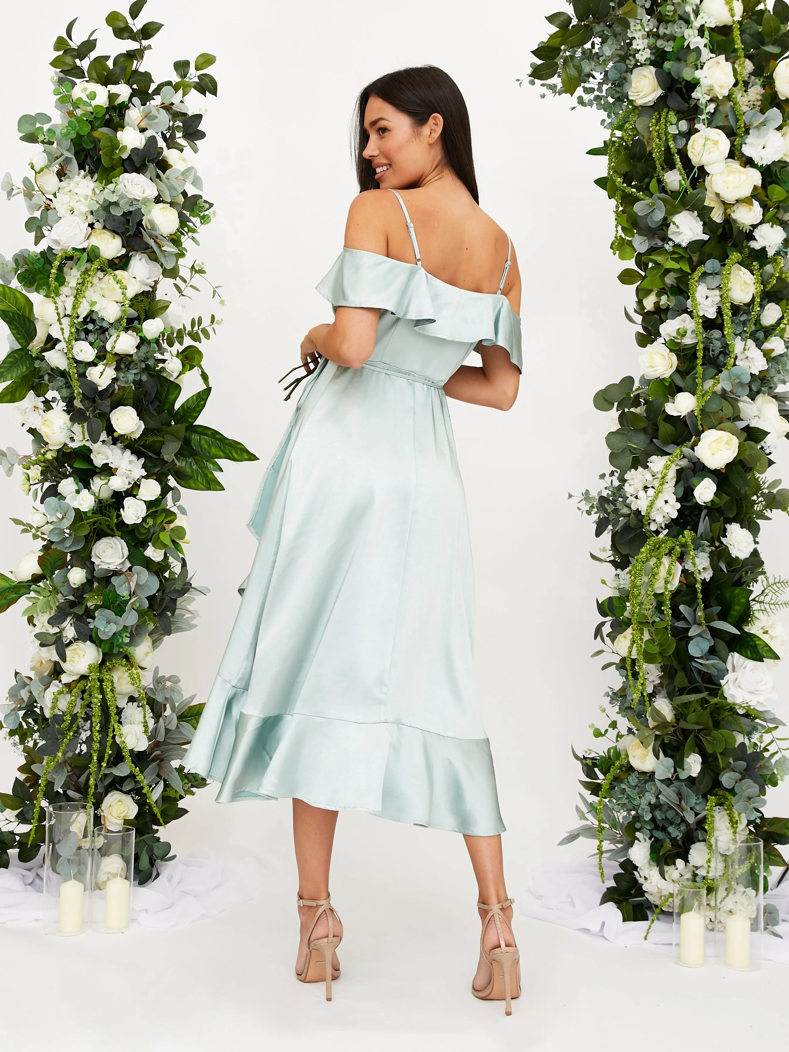 Cold Shoulder Midi Wrap Satin Dress / Sage