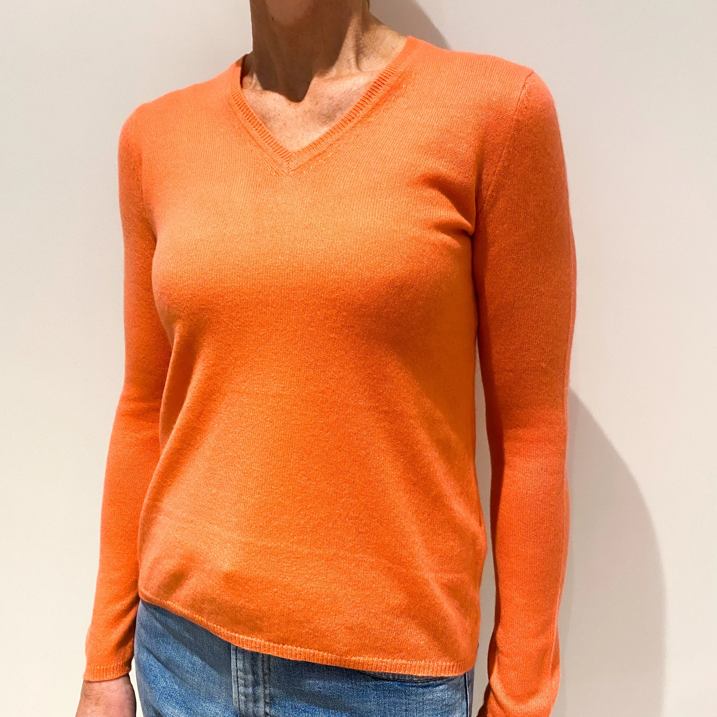 Coral Orange Cashmere V-Neck Jumper Small