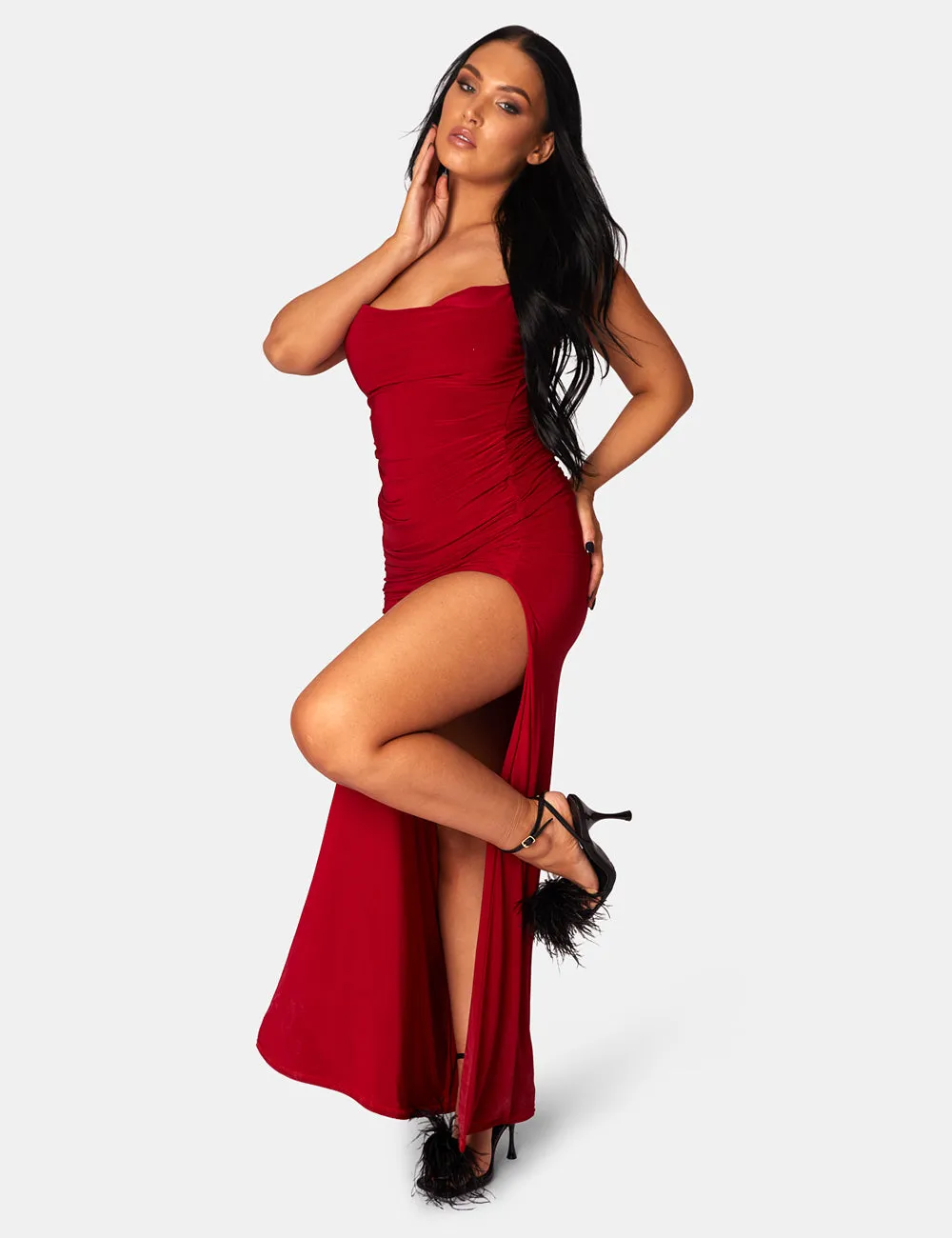 Cowl Neck Extreme Split Slinky Maxi Dress Red