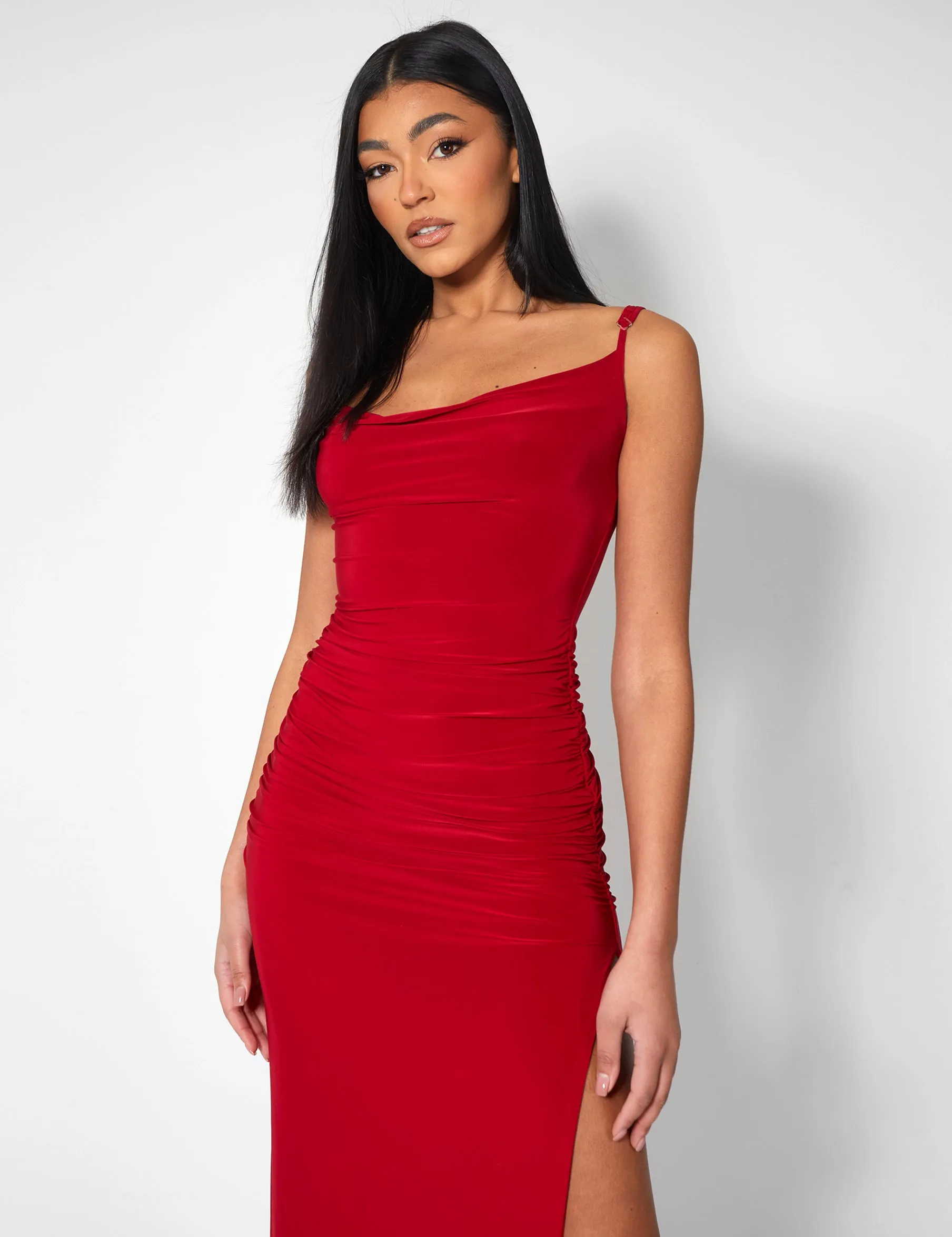 Cowl Neck Extreme Split Slinky Maxi Dress Red