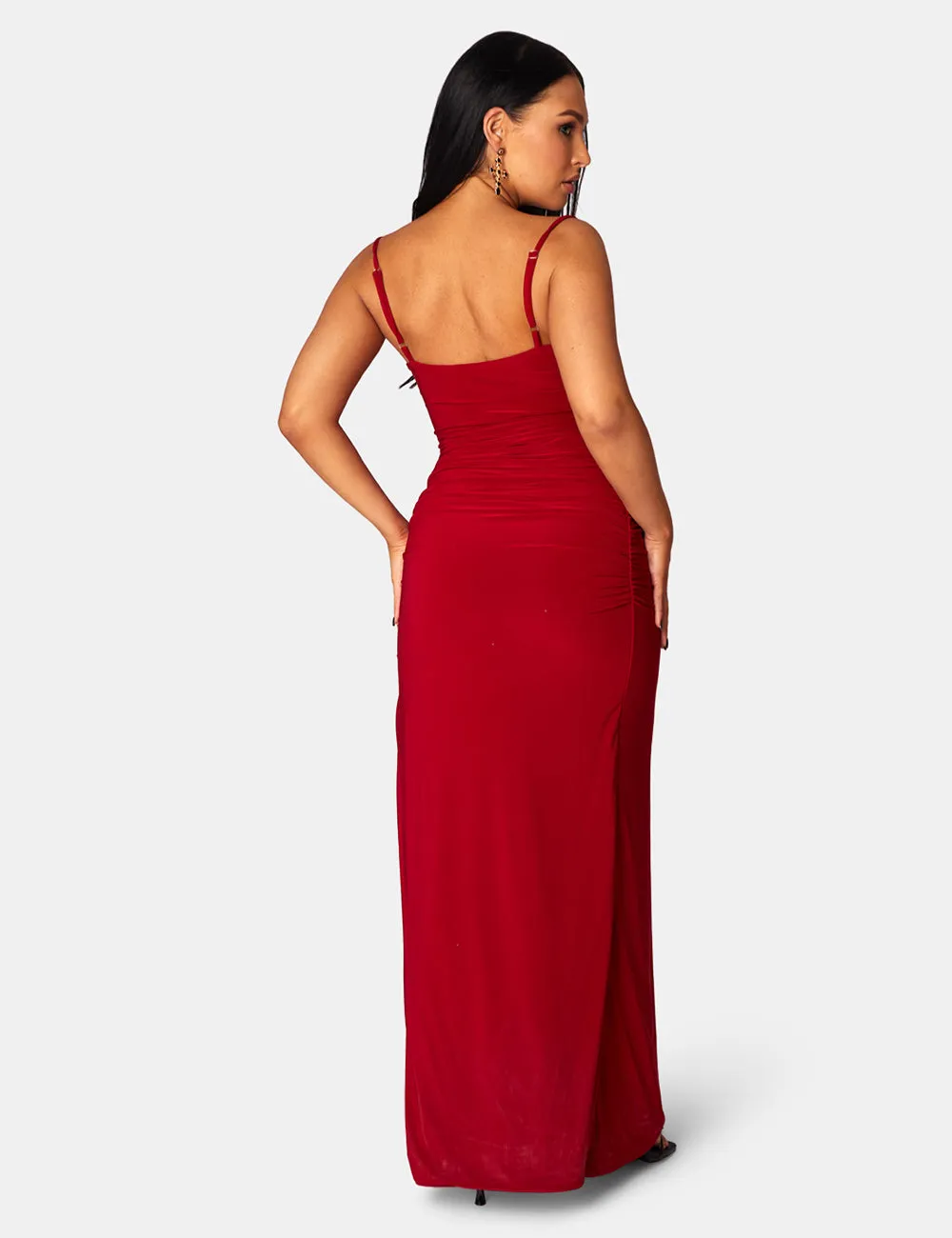 Cowl Neck Extreme Split Slinky Maxi Dress Red