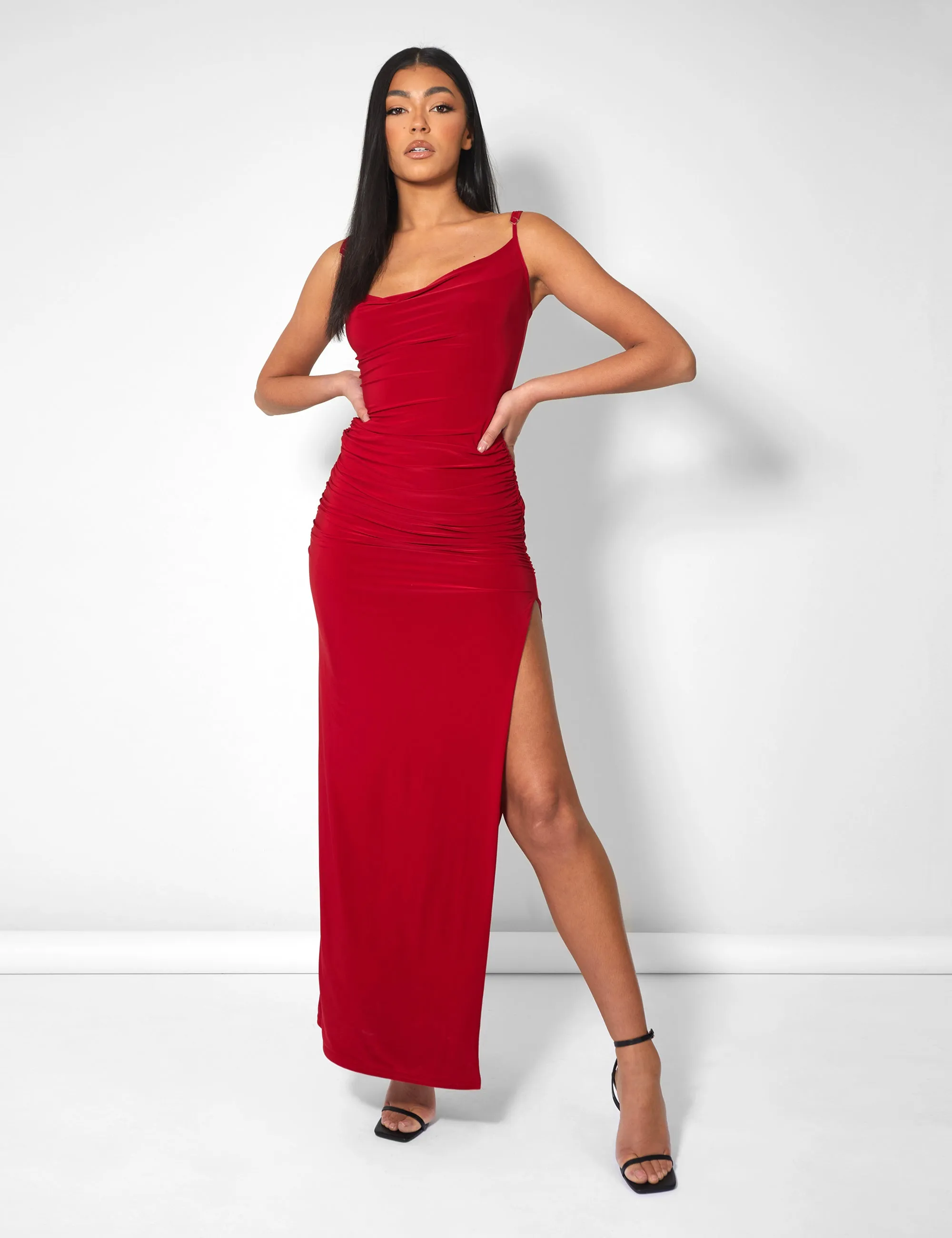 Cowl Neck Extreme Split Slinky Maxi Dress Red