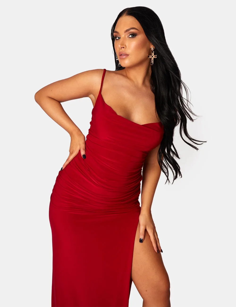 Cowl Neck Extreme Split Slinky Maxi Dress Red