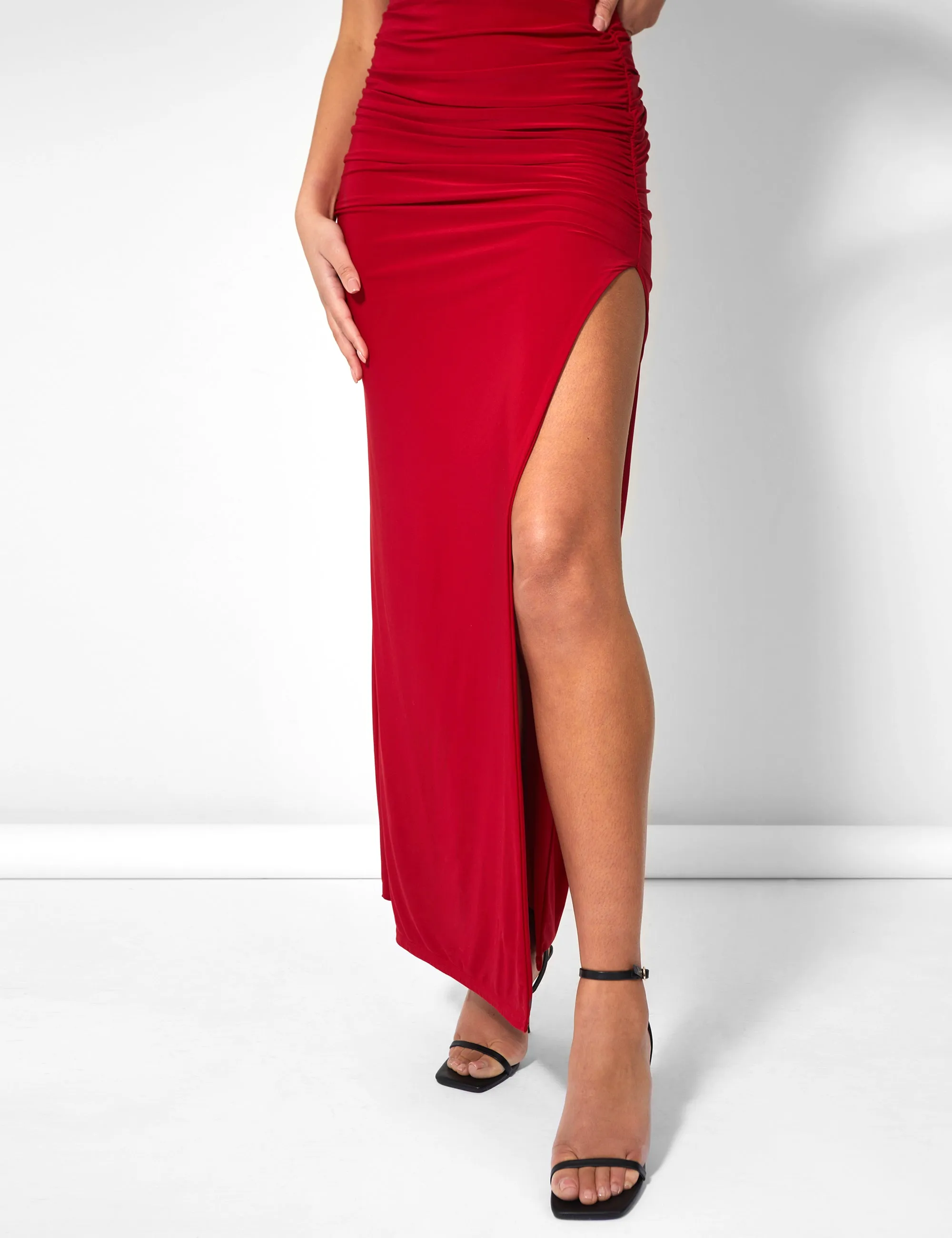 Cowl Neck Extreme Split Slinky Maxi Dress Red