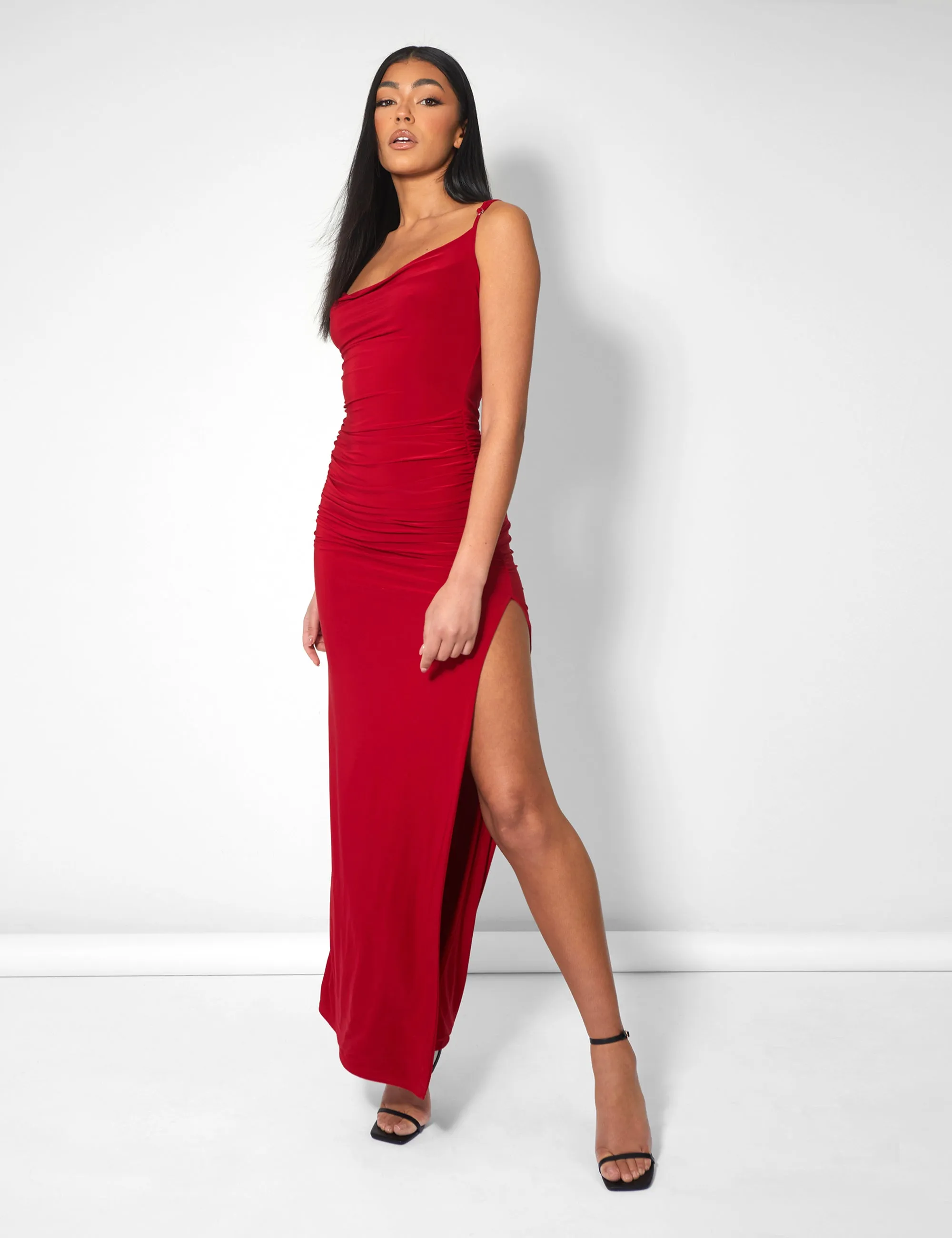 Cowl Neck Extreme Split Slinky Maxi Dress Red