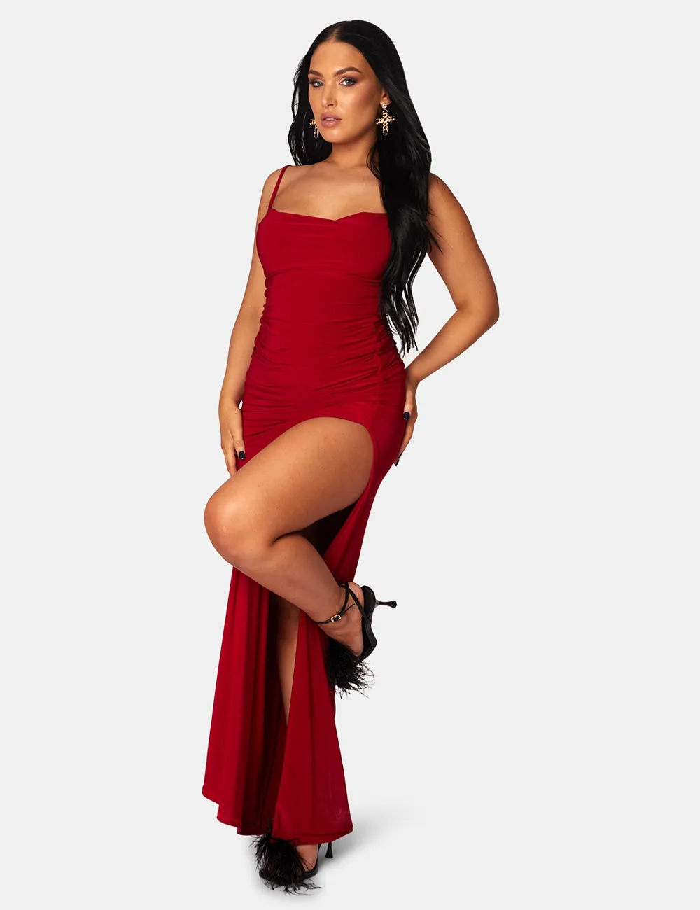 Cowl Neck Extreme Split Slinky Maxi Dress Red