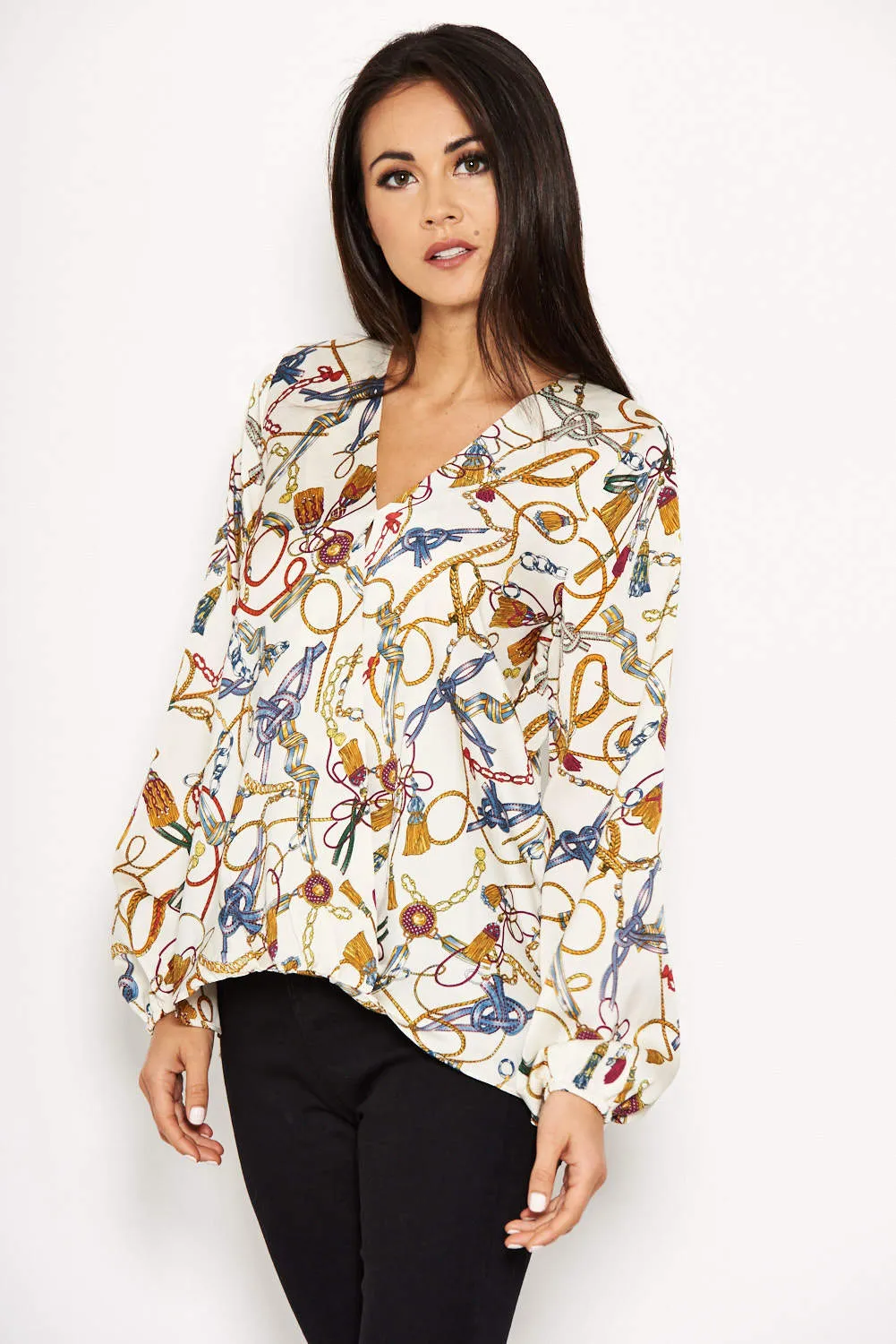 Cream Chain Print Wrap Top