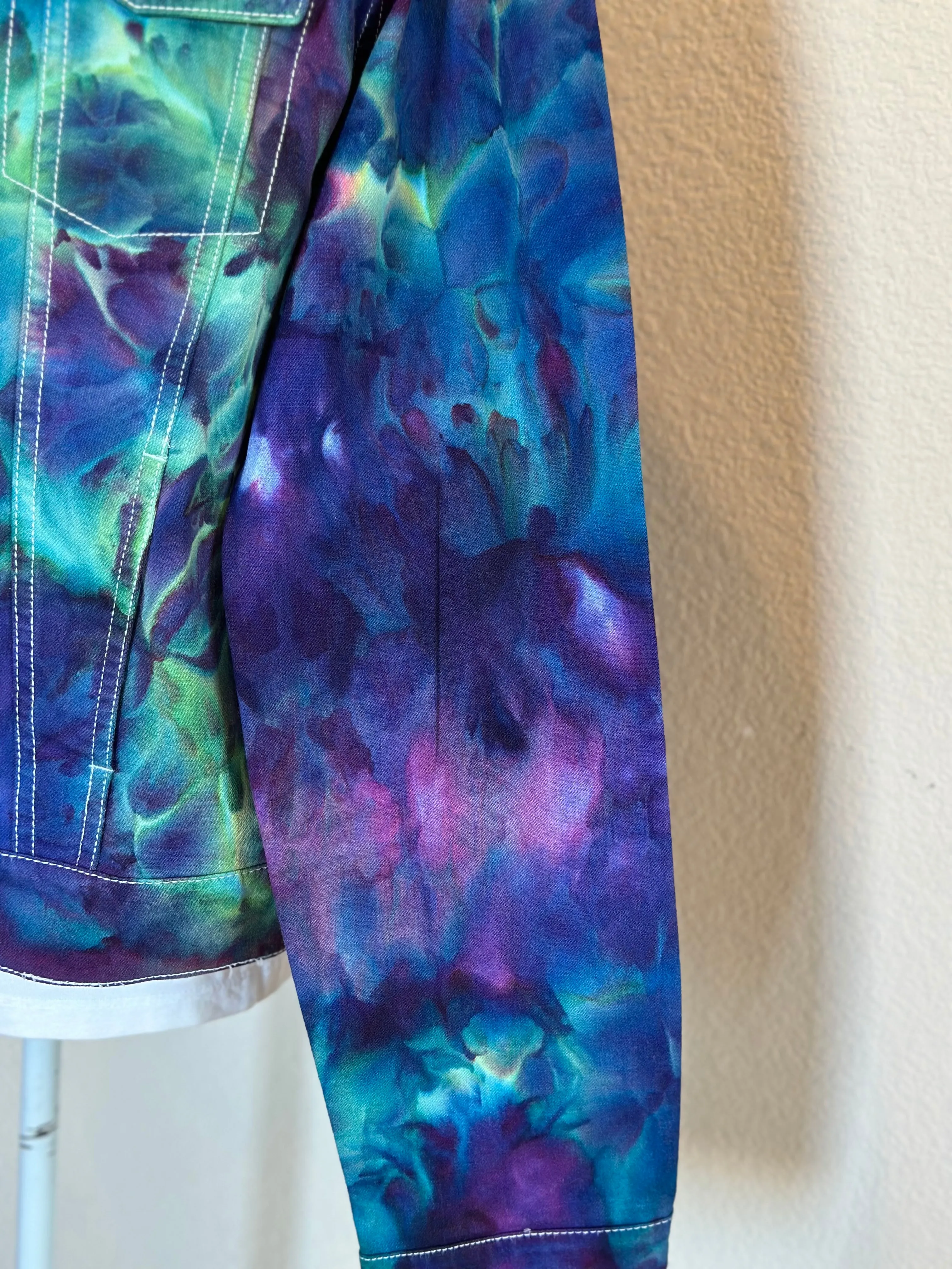 Custom Ice Dyed Denim Jacket in ‘Northern Lights’ and Geode Bodycon Dress in ‘Boulder Turquoise’ for Elliemaeishguan