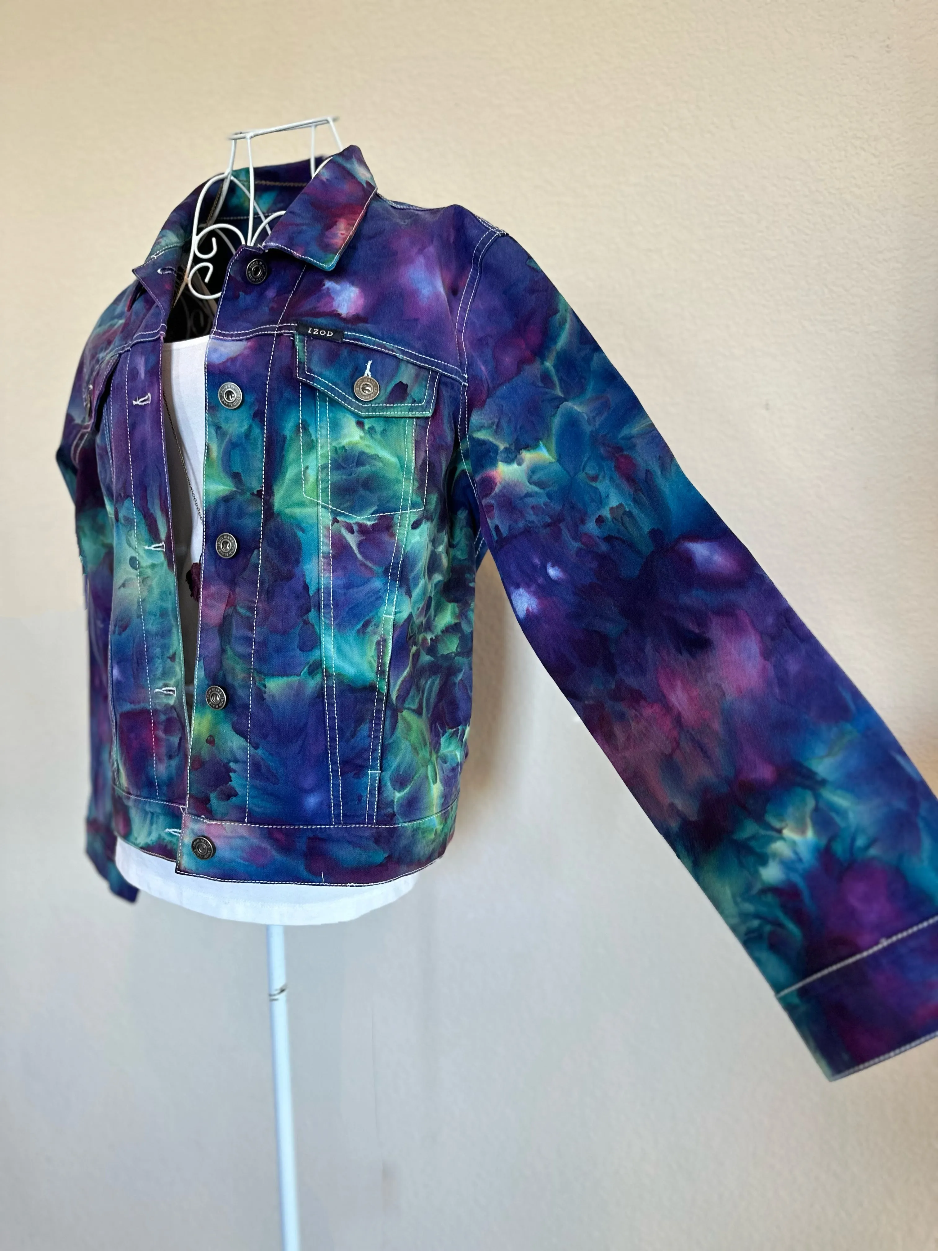 Custom Ice Dyed Denim Jacket in ‘Northern Lights’ and Geode Bodycon Dress in ‘Boulder Turquoise’ for Elliemaeishguan