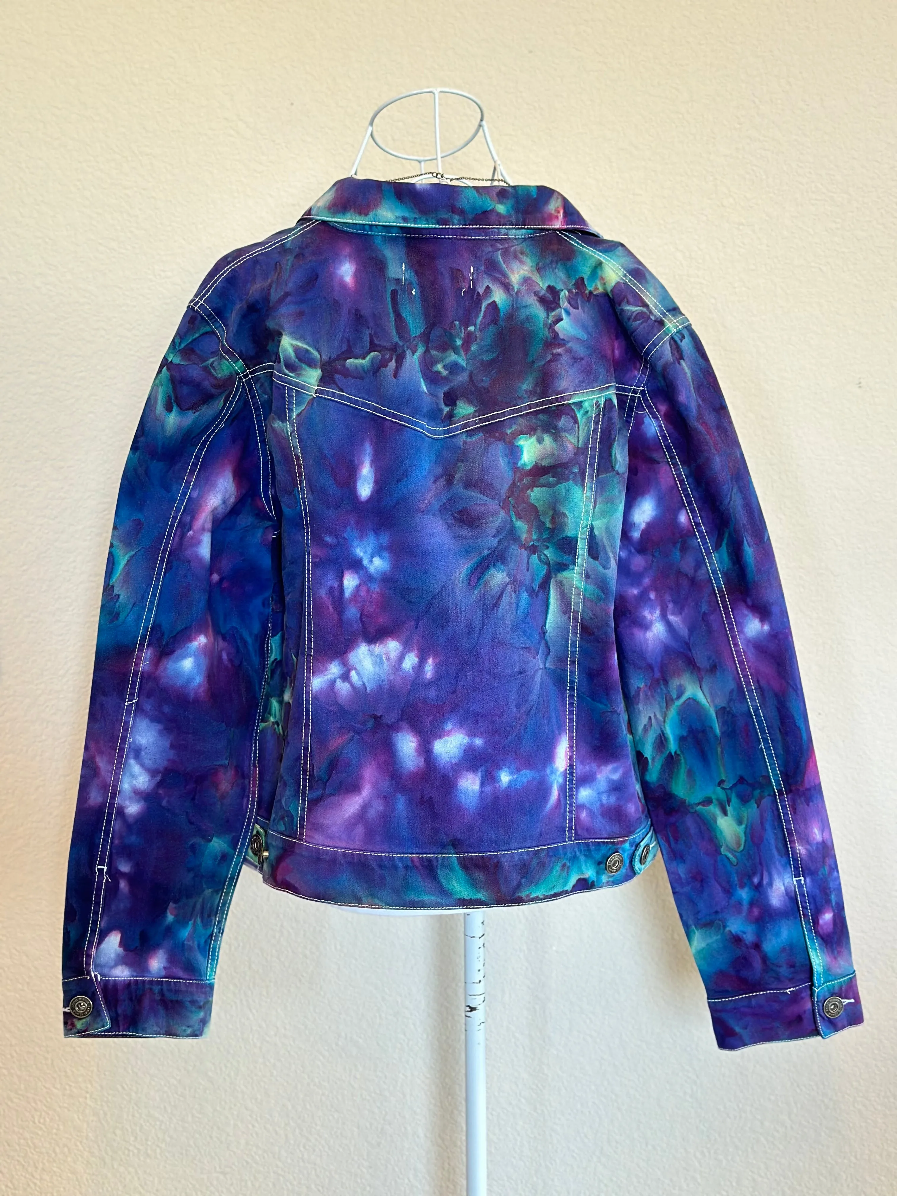 Custom Ice Dyed Denim Jacket in ‘Northern Lights’ and Geode Bodycon Dress in ‘Boulder Turquoise’ for Elliemaeishguan