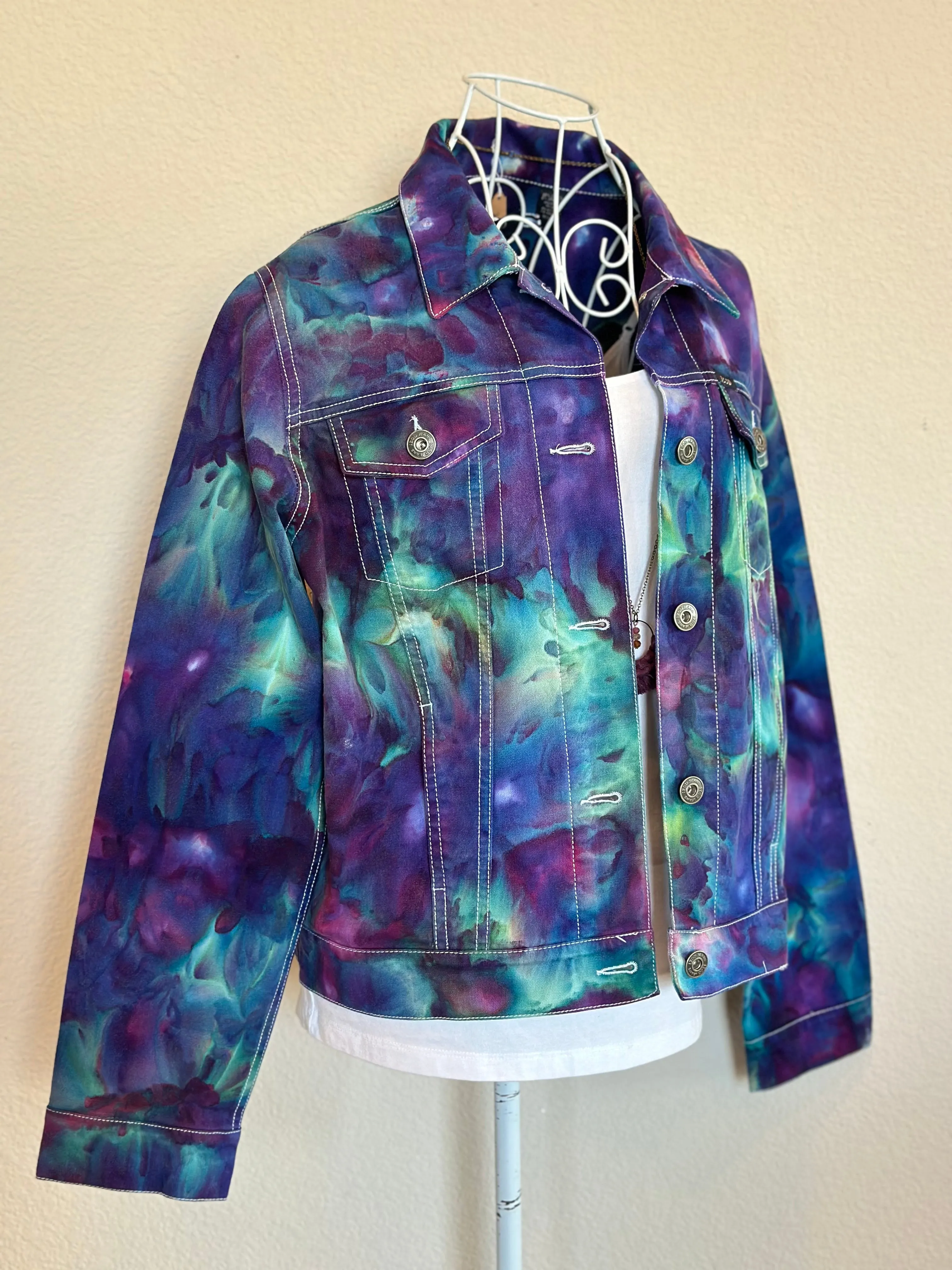 Custom Ice Dyed Denim Jacket in ‘Northern Lights’ and Geode Bodycon Dress in ‘Boulder Turquoise’ for Elliemaeishguan