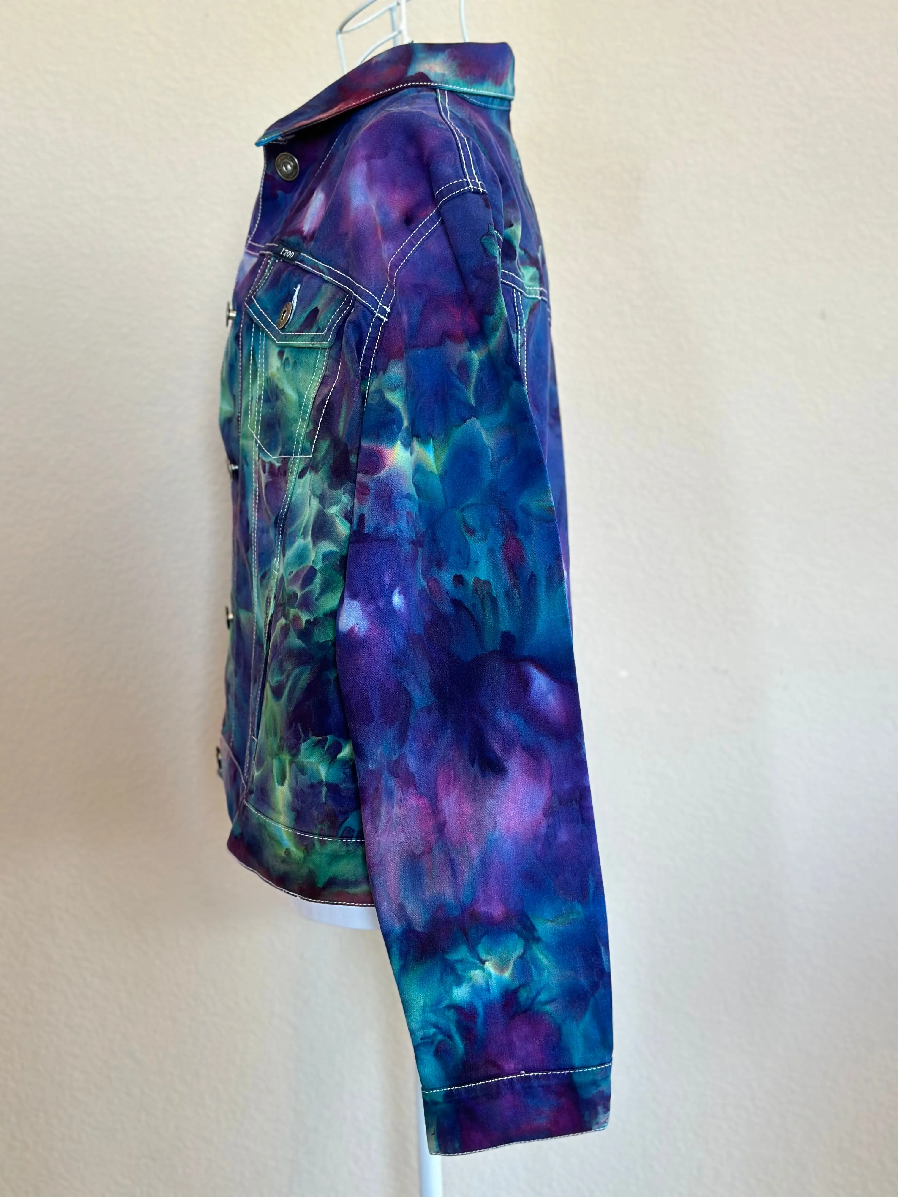 Custom Ice Dyed Denim Jacket in ‘Northern Lights’ and Geode Bodycon Dress in ‘Boulder Turquoise’ for Elliemaeishguan