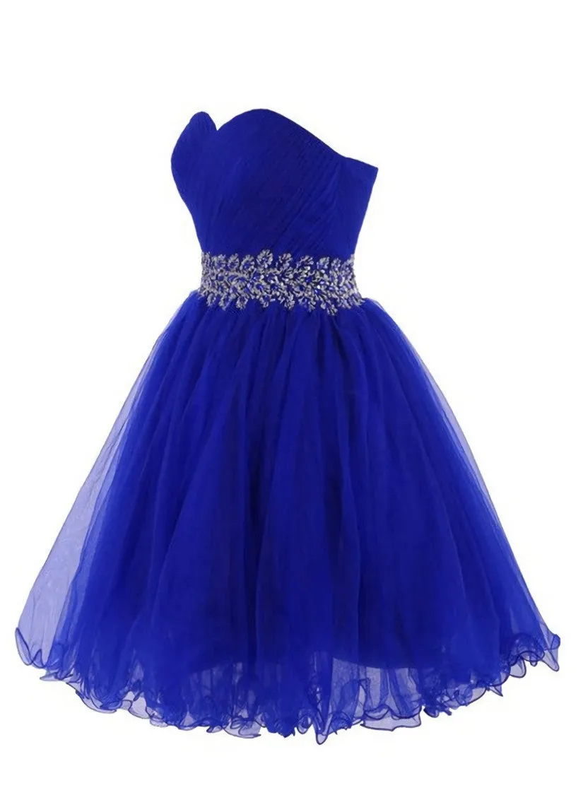 Cute Blue Sweetheart Tulle Cocktail Dress Homecoming Dress With Beading, Short Prom Dress