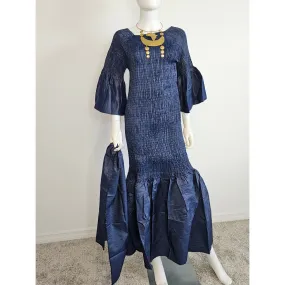 Denim African Ankara Print Style/ Smocking Off Shoulder/ Mermaid Stretch Dress Ruffle Bell Sleeve /Wax Cotton - One Size M - 3 XL