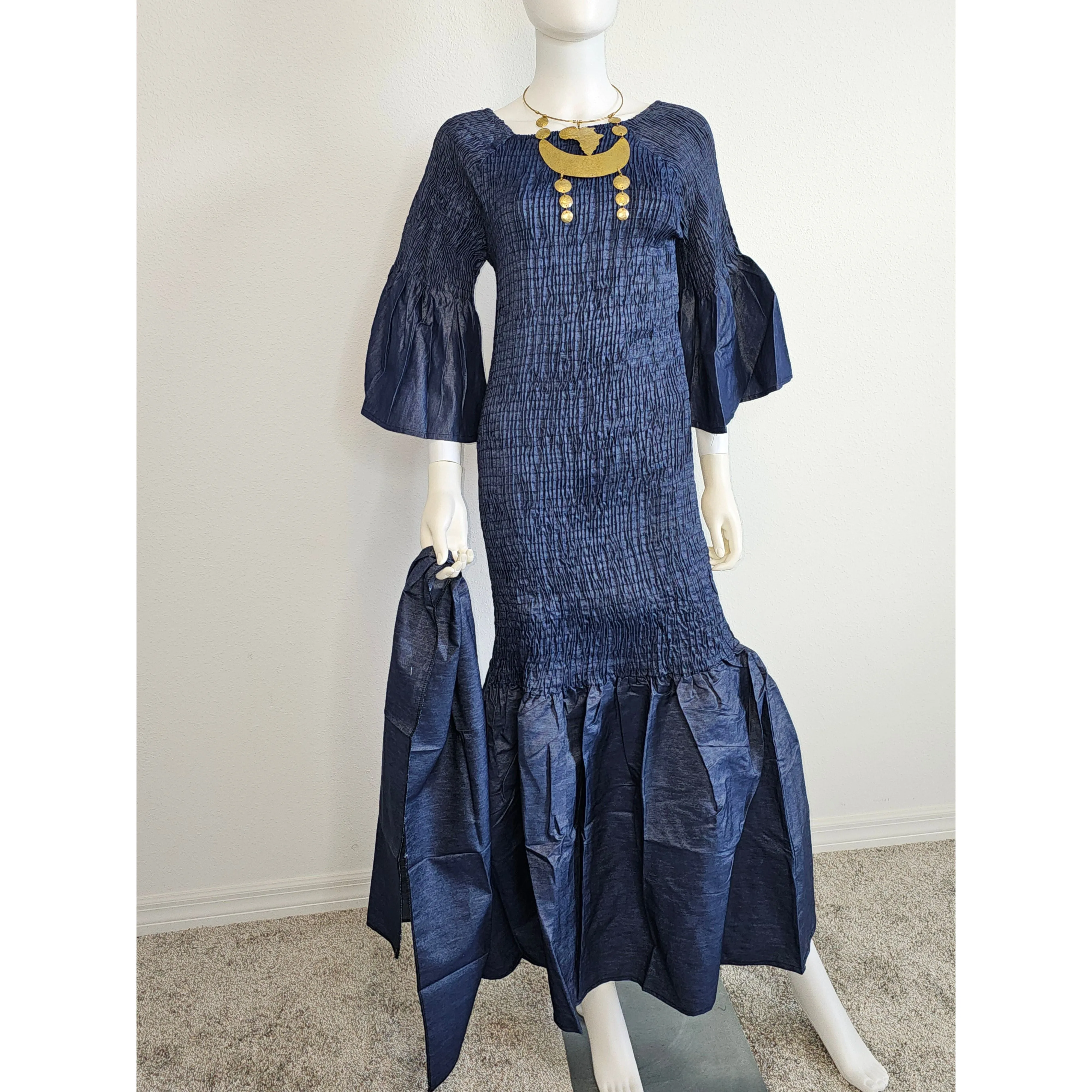 Denim African Ankara Print Style/ Smocking Off Shoulder/ Mermaid Stretch Dress Ruffle Bell Sleeve /Wax Cotton - One Size M - 3 XL