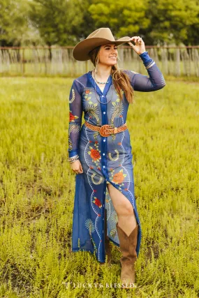 Denim Blue Floral Spur Printed Mesh Button Down Cardigan