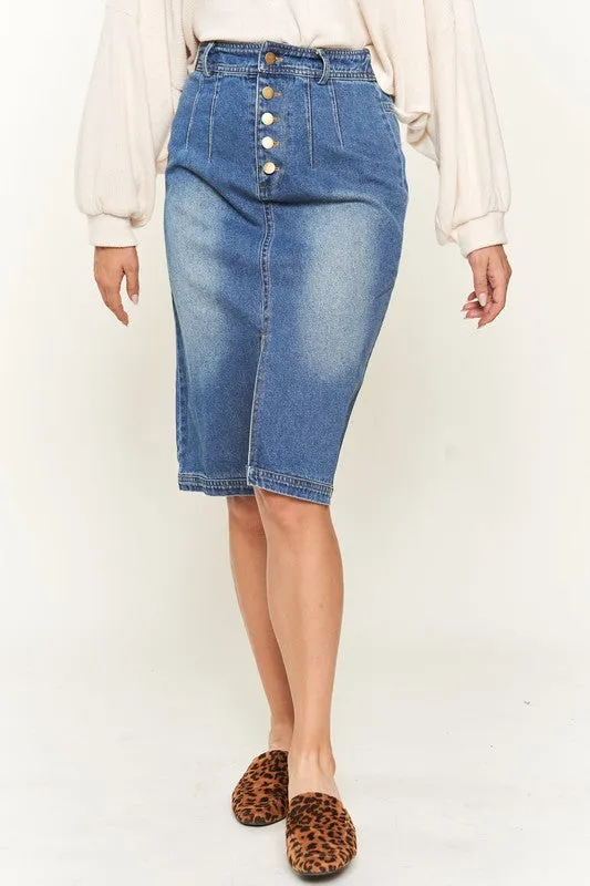 Denim button down front midi skirt