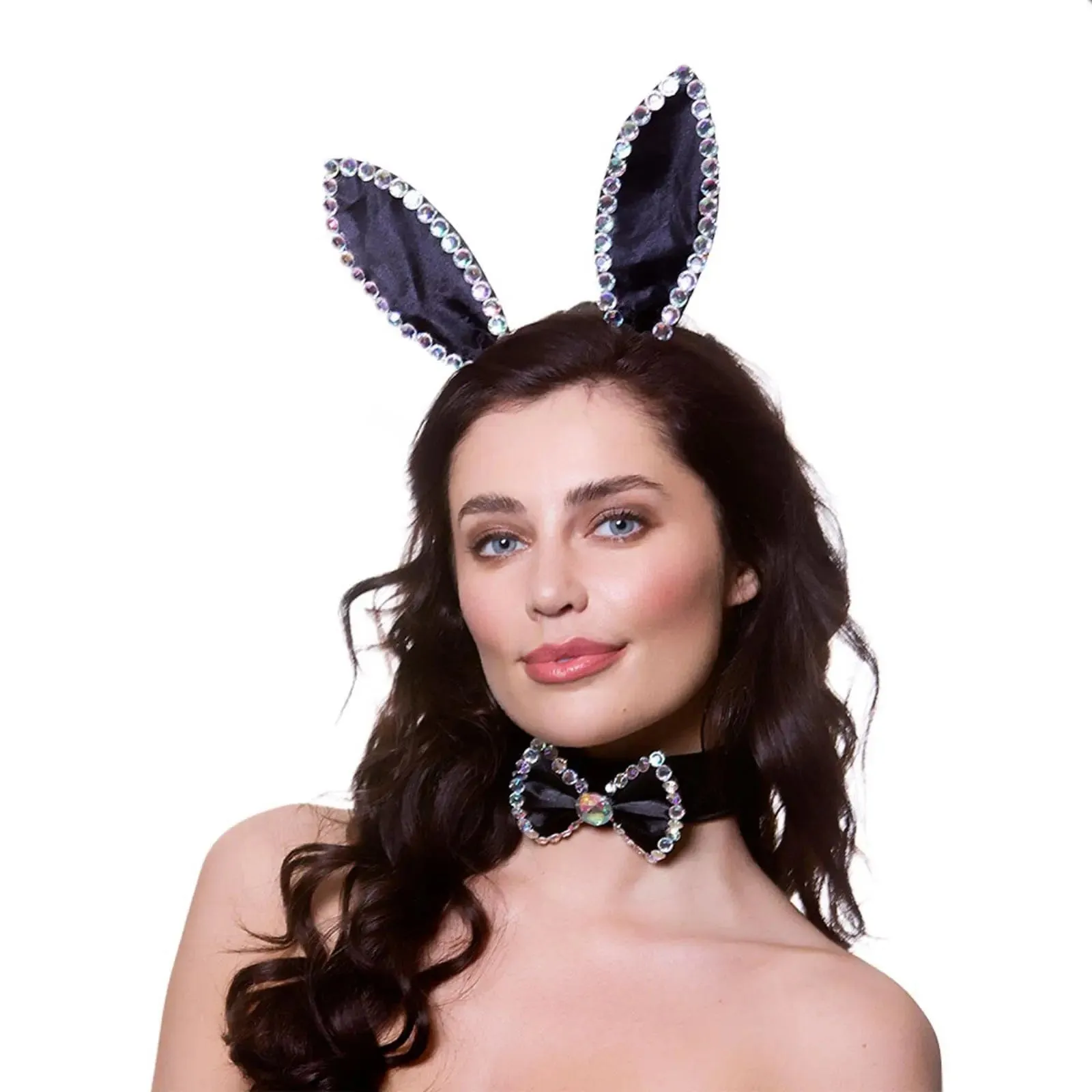 Diamante Bunny Set Black Rabbit Ears Bow Tie