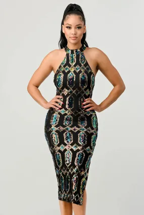 Diamond Pattern Sequins Halter Midi Dress