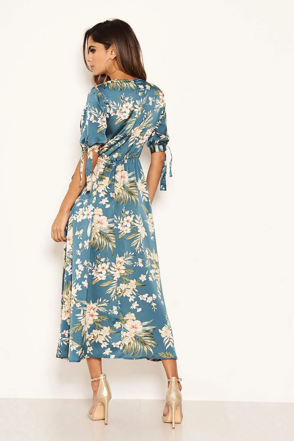 Duck Egg Floral Tie Sleeve Wrap Dress