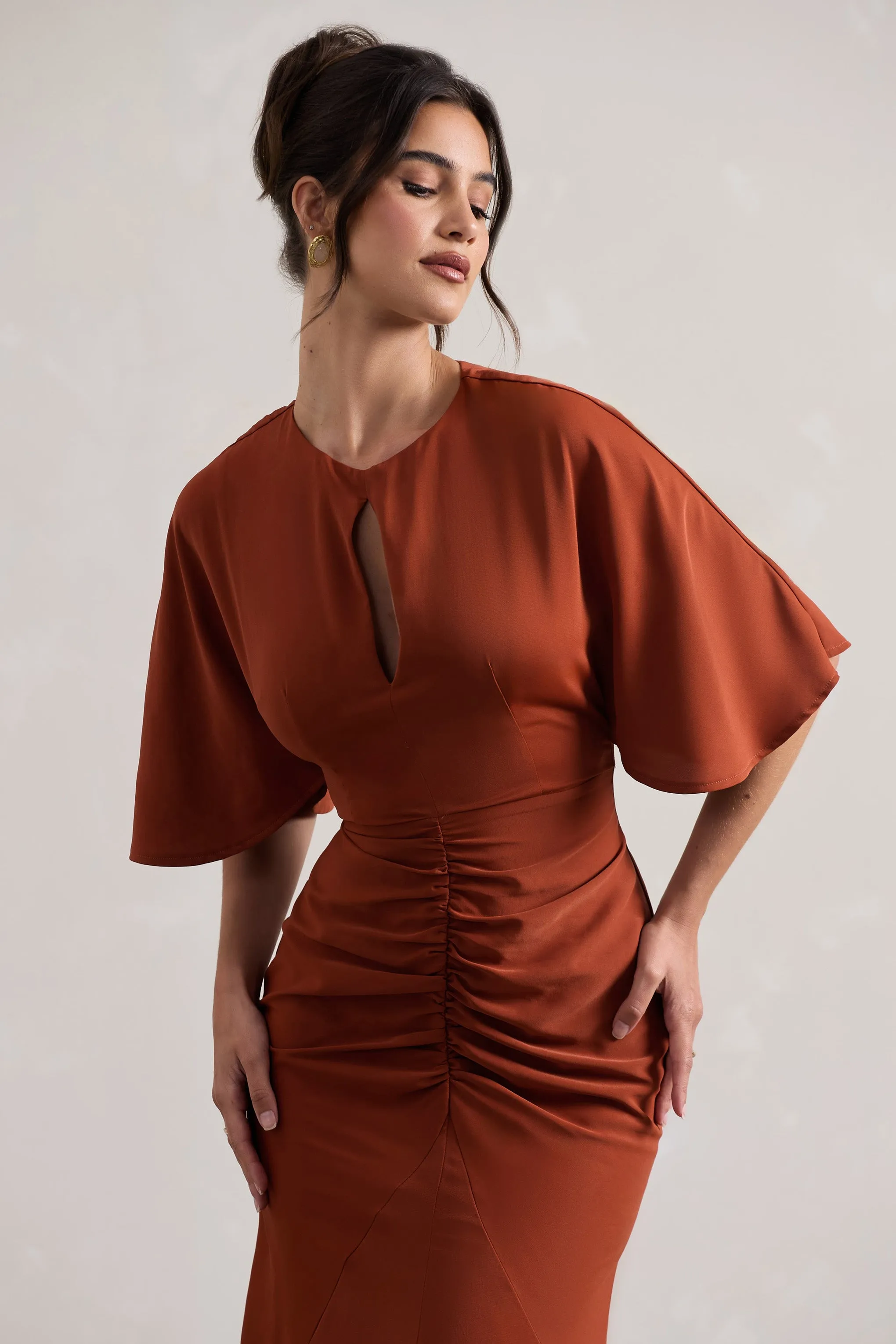 Elidy | Terracotta Ruched Flutter-Sleeve Cut-Out Maxi Dress