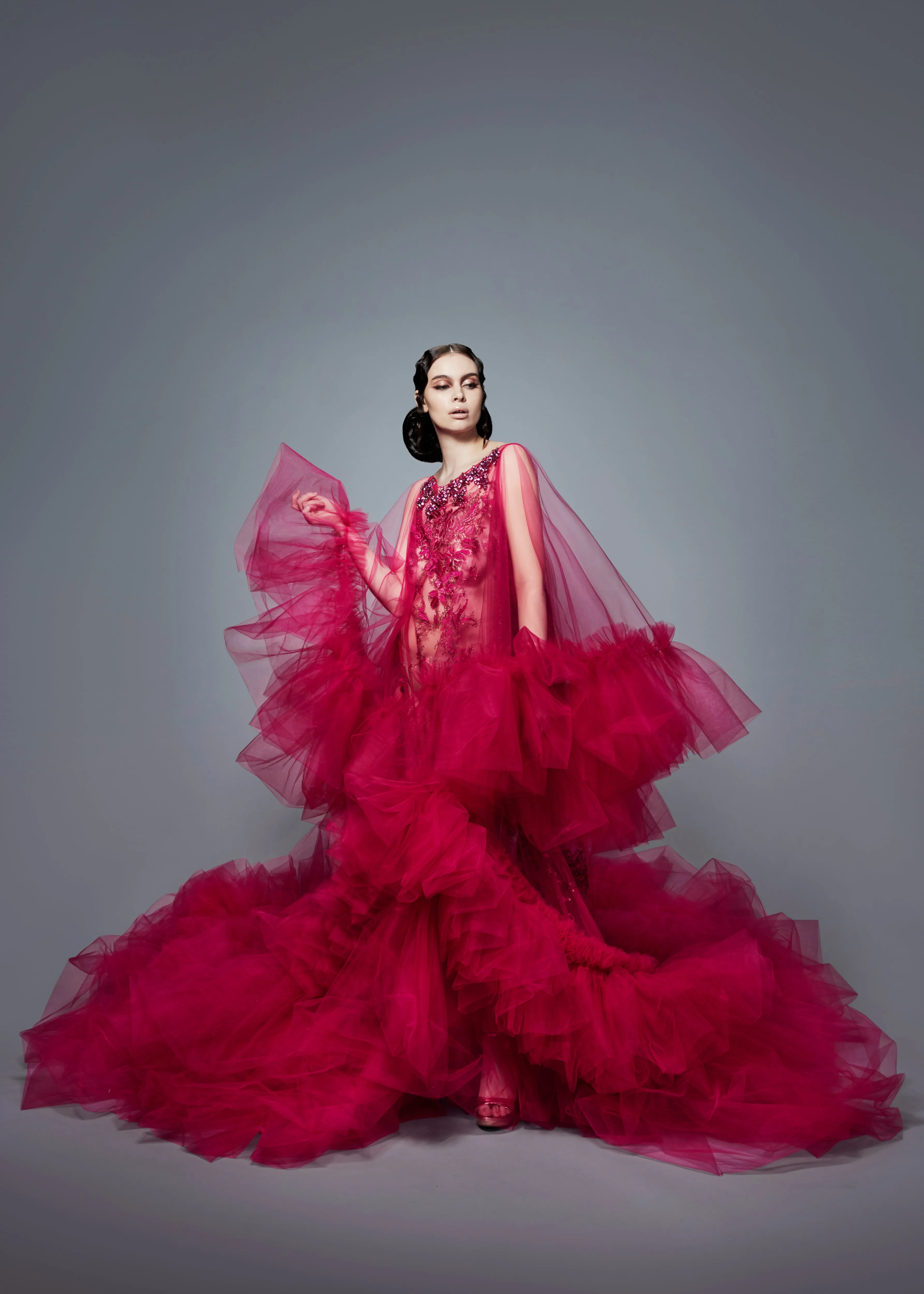 Embroidered Fuchsia Tulle Kaftan Ballgown | Fall/Winter 19