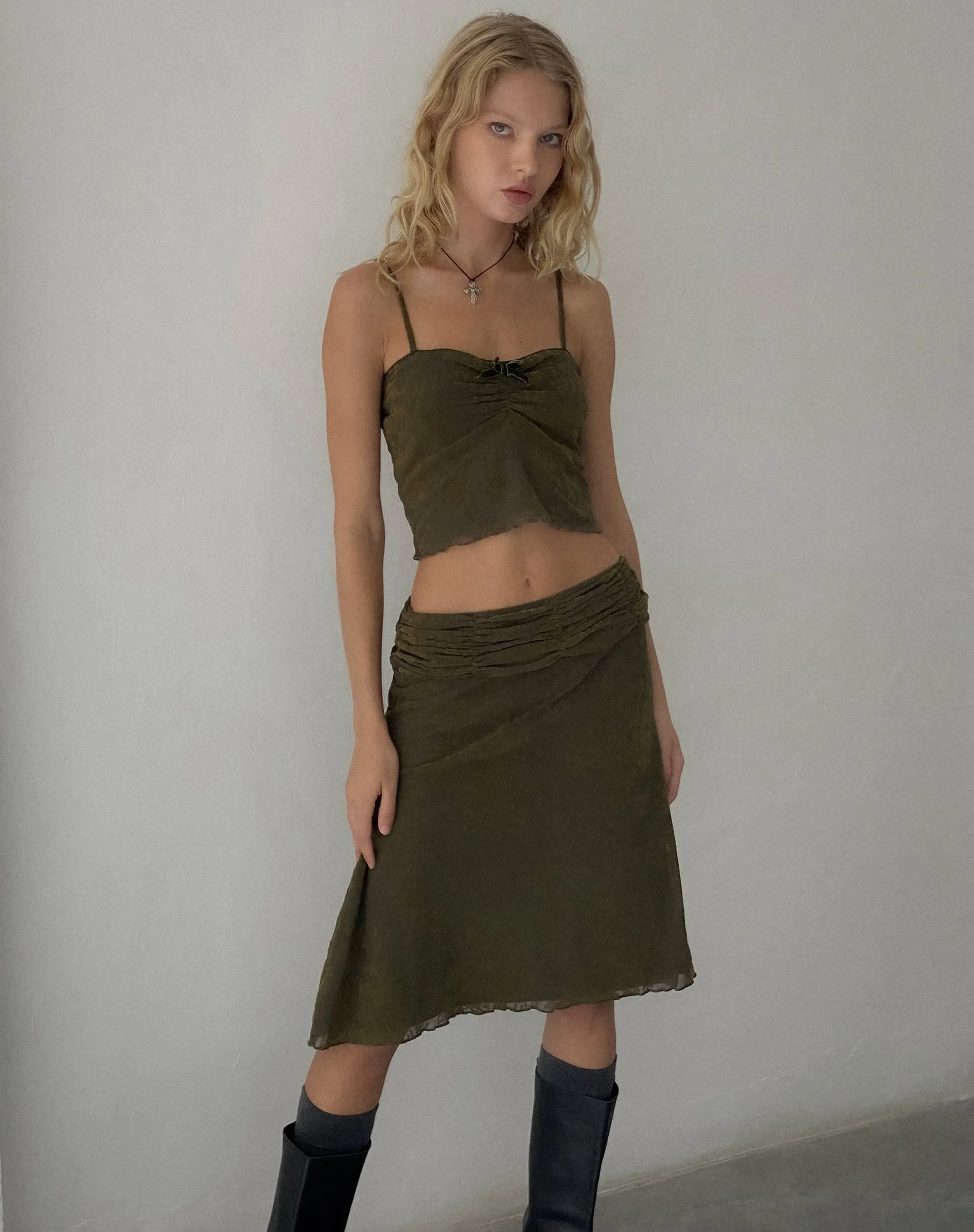 Erato Midi Skirt in Abstract Botanic Dark Olive