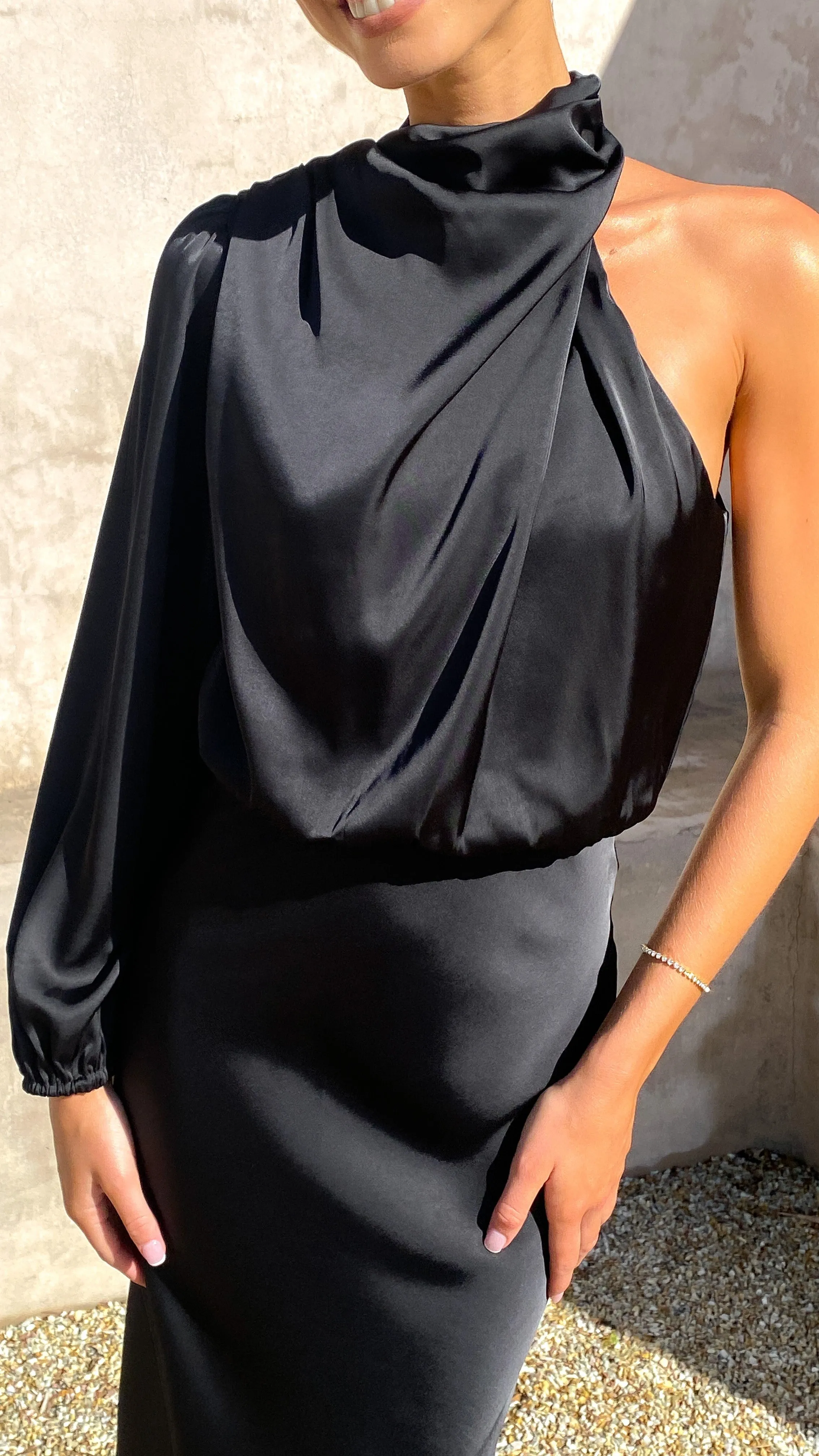 Esther One Shoulder Long Sleeve Dress - Black