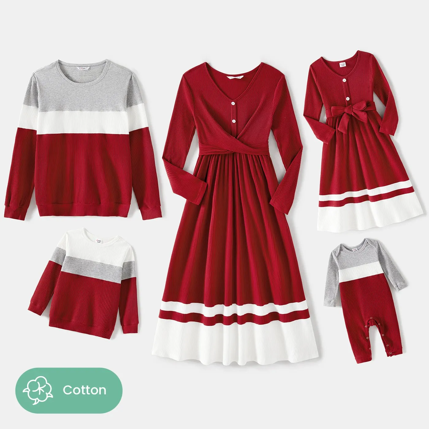 Family Matching Burgundy Ribbed Crisscross Pleated Midi Dresses and Long-sleeve Colorblock Tops Sets