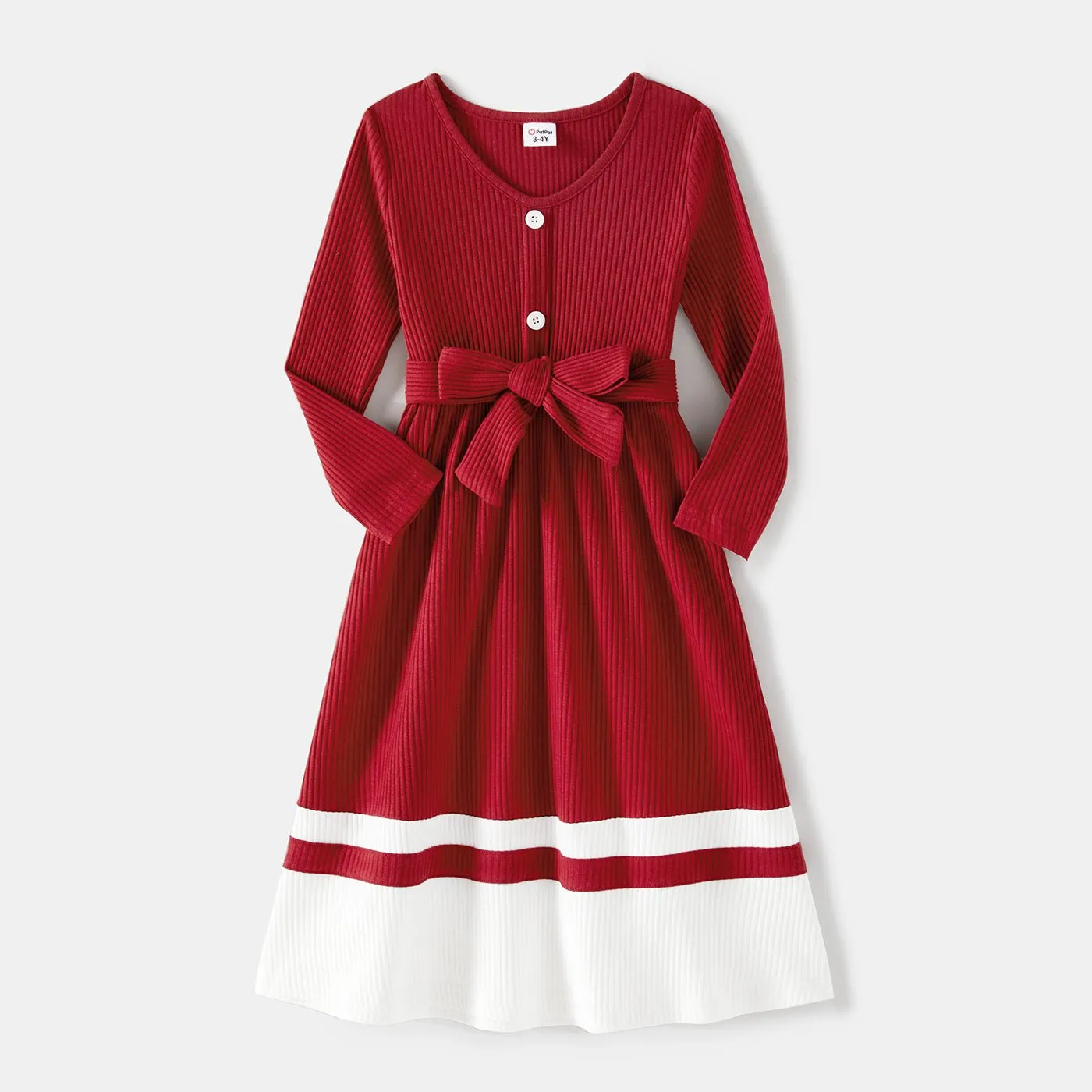 Family Matching Burgundy Ribbed Crisscross Pleated Midi Dresses and Long-sleeve Colorblock Tops Sets