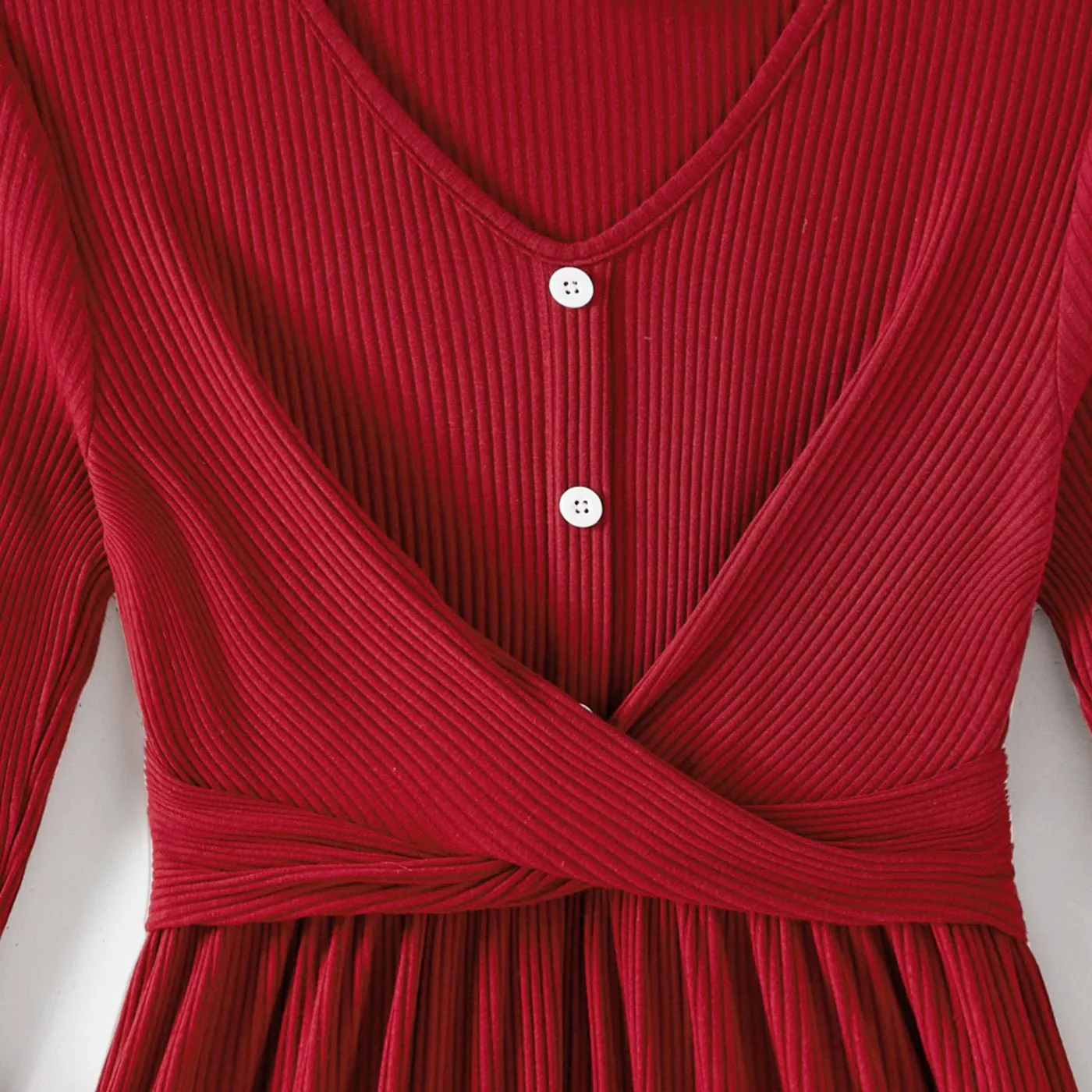 Family Matching Burgundy Ribbed Crisscross Pleated Midi Dresses and Long-sleeve Colorblock Tops Sets