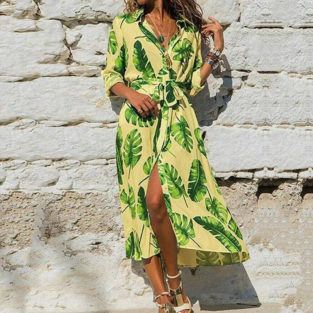 FashionSierra - Fashion Women Summer Boho Floral Slit Long Maxi Dress Holiday Party Ladies Casual Beach Loose Dresses Sundress