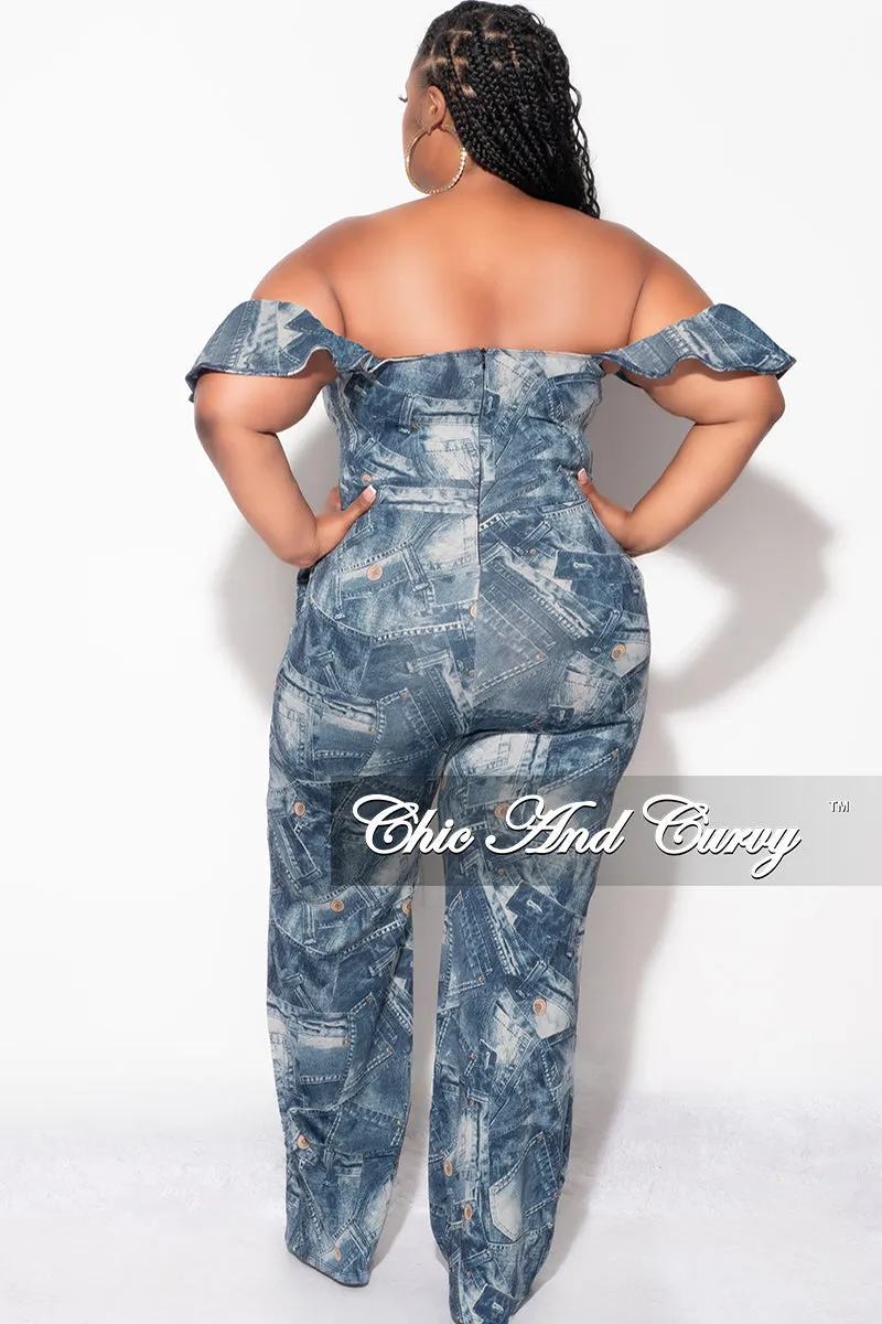 Final Sale Plus Size Zip Tie Jumpsuit in Faux Denim Print