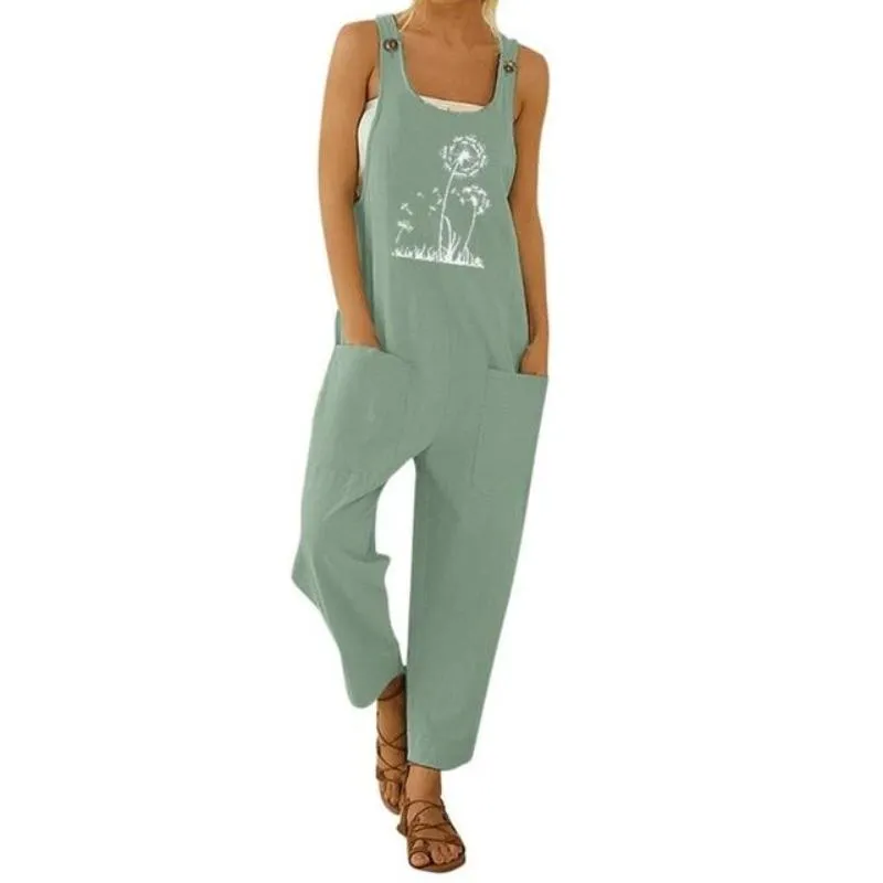 Floral Daisy Print Pocket Romper Long Button Jumpsuit