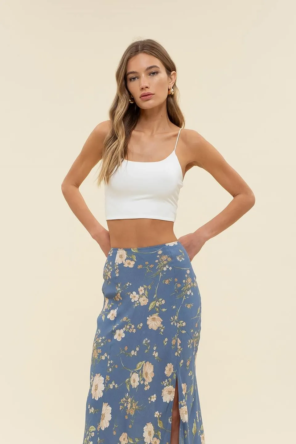 FLORAL HIGH WAIST SIDE SLIT BIAS MIDI SKIRT