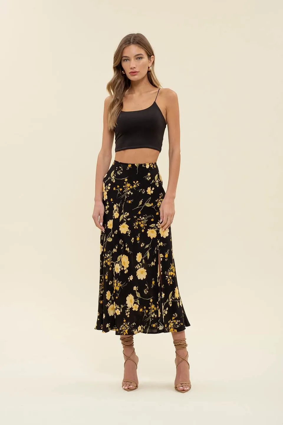 FLORAL HIGH WAIST SIDE SLIT BIAS MIDI SKIRT