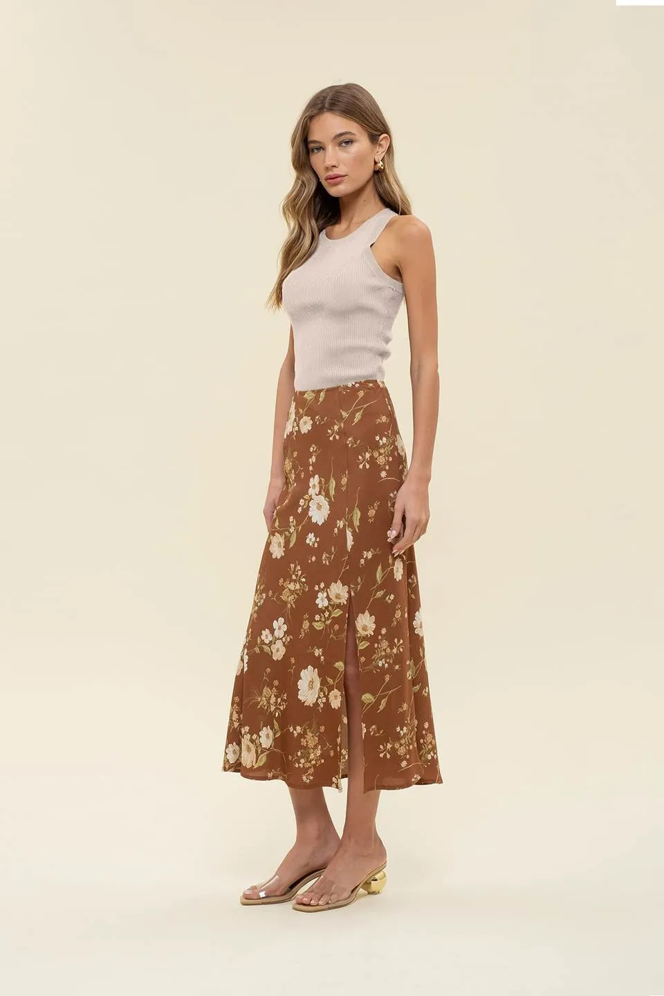 FLORAL HIGH WAIST SIDE SLIT BIAS MIDI SKIRT