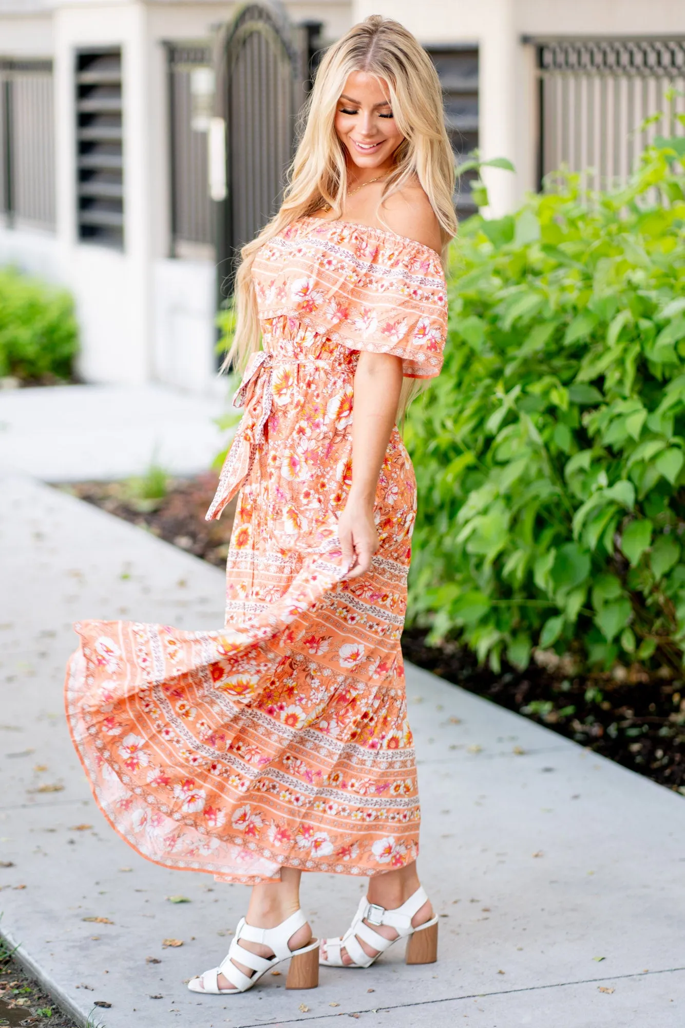 Floral Off-Shoulder Tie Front Maxi Dress