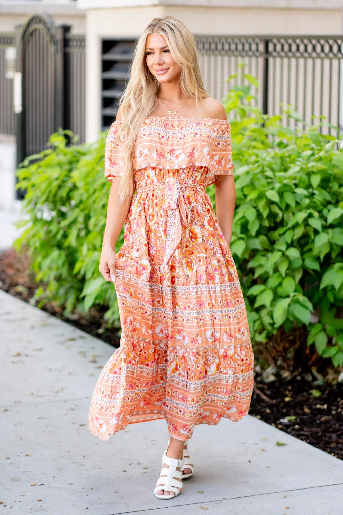 Floral Off-Shoulder Tie Front Maxi Dress